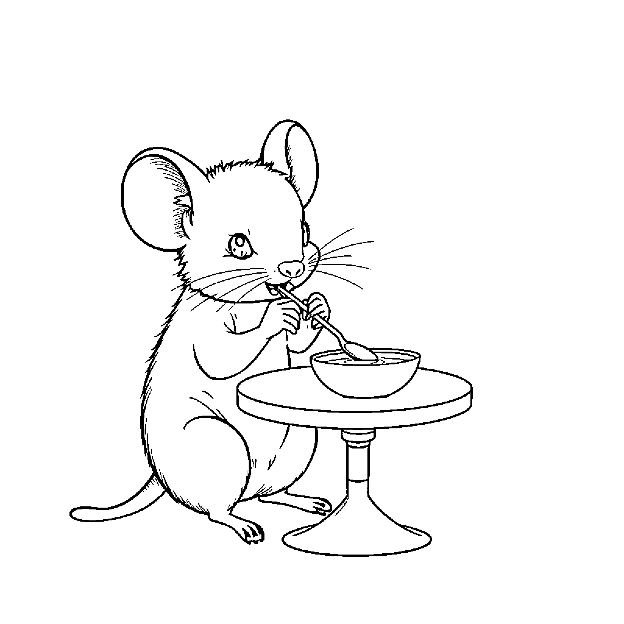 Mouse eating from a bowl at a table Coloring Page (free black-and-white line drawing printable PDF for all, from beginners to advanced learners, including children, teens, adults, and seniors)