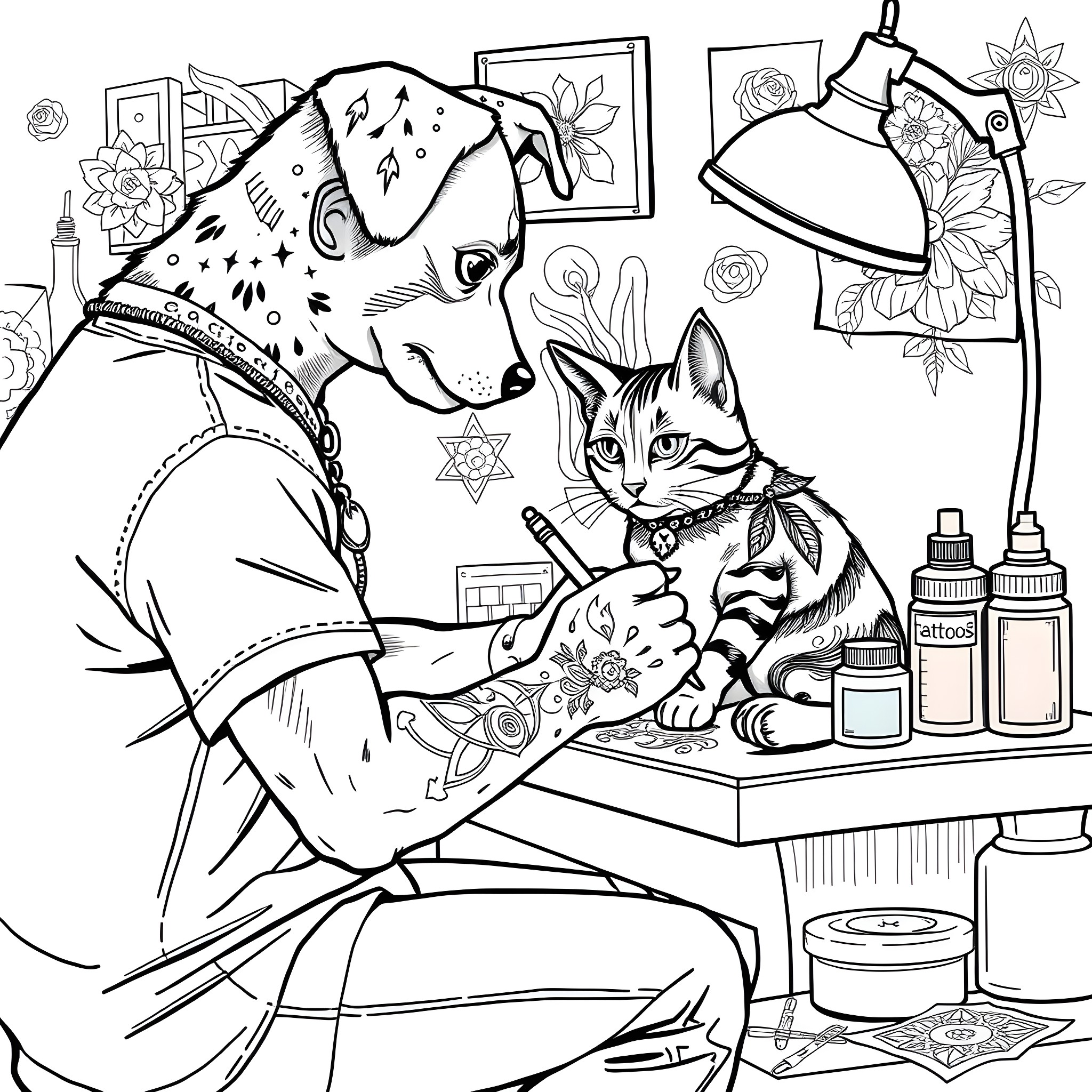 Dog and Cat Enjoying Tattoo Time Together Coloring Page (free black-and-white line drawing printable PDF for all, from beginners to advanced learners, including children, teens, adults, and seniors)