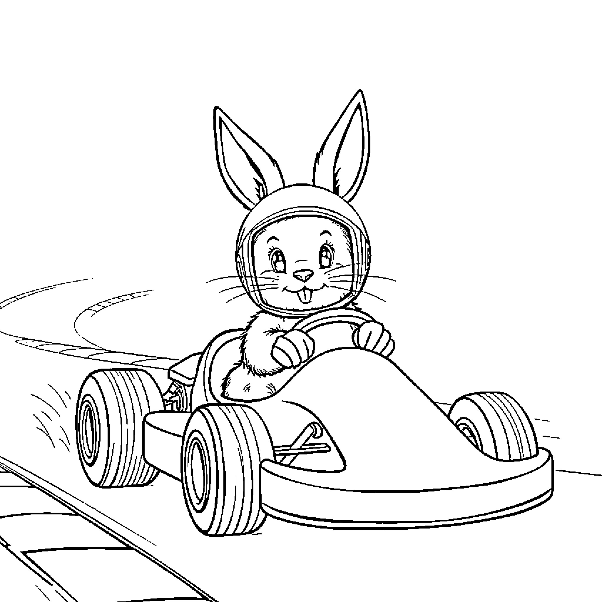 Rabbit racing in a go-kart Coloring Page (free black-and-white line drawing printable PDF for all, from beginners to advanced learners, including children, teens, adults, and seniors)