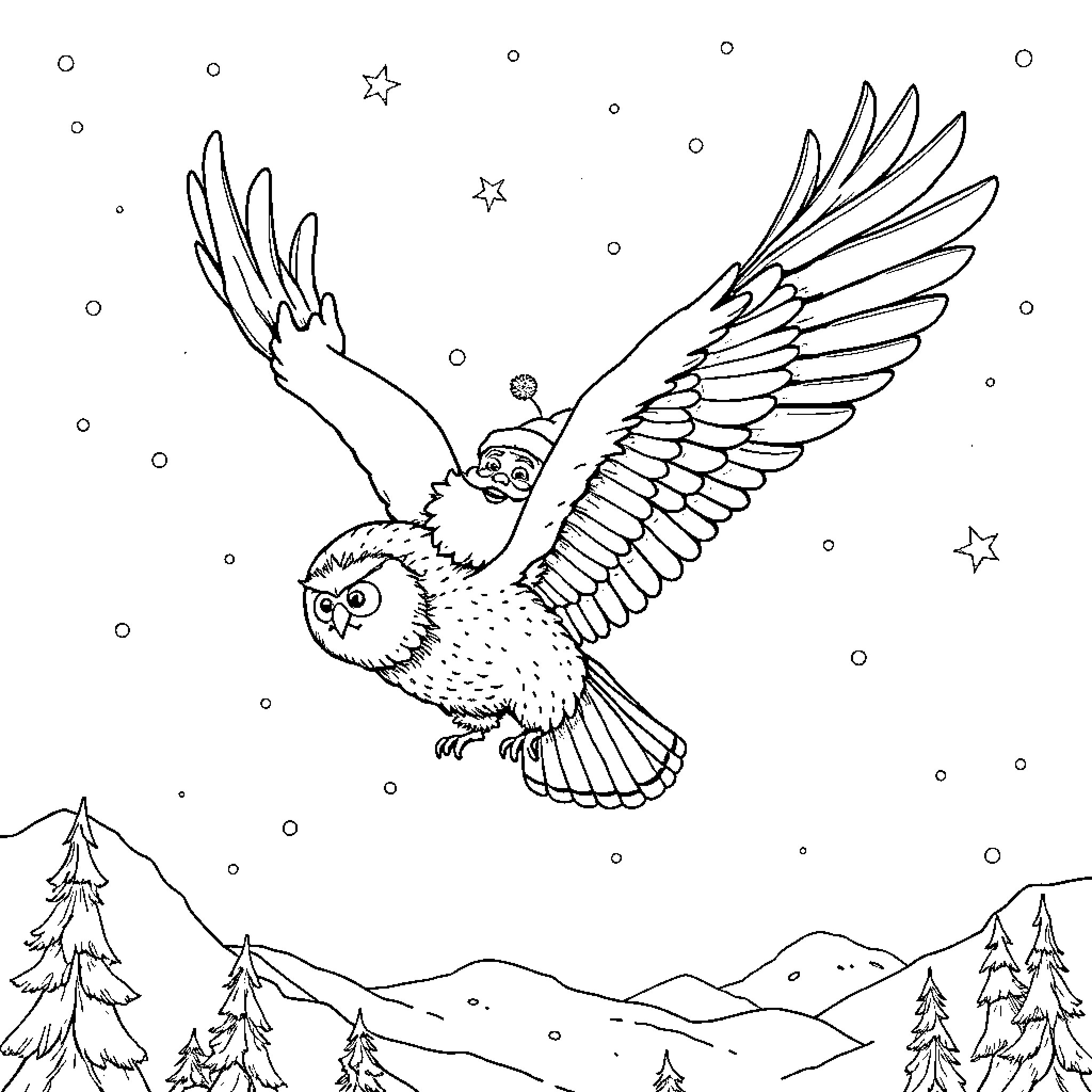 Santa Claus owl soaring through the starry night Coloring Page (free black-and-white line drawing printable PDF for all, from beginners to advanced learners, including children, teens, adults, and seniors)