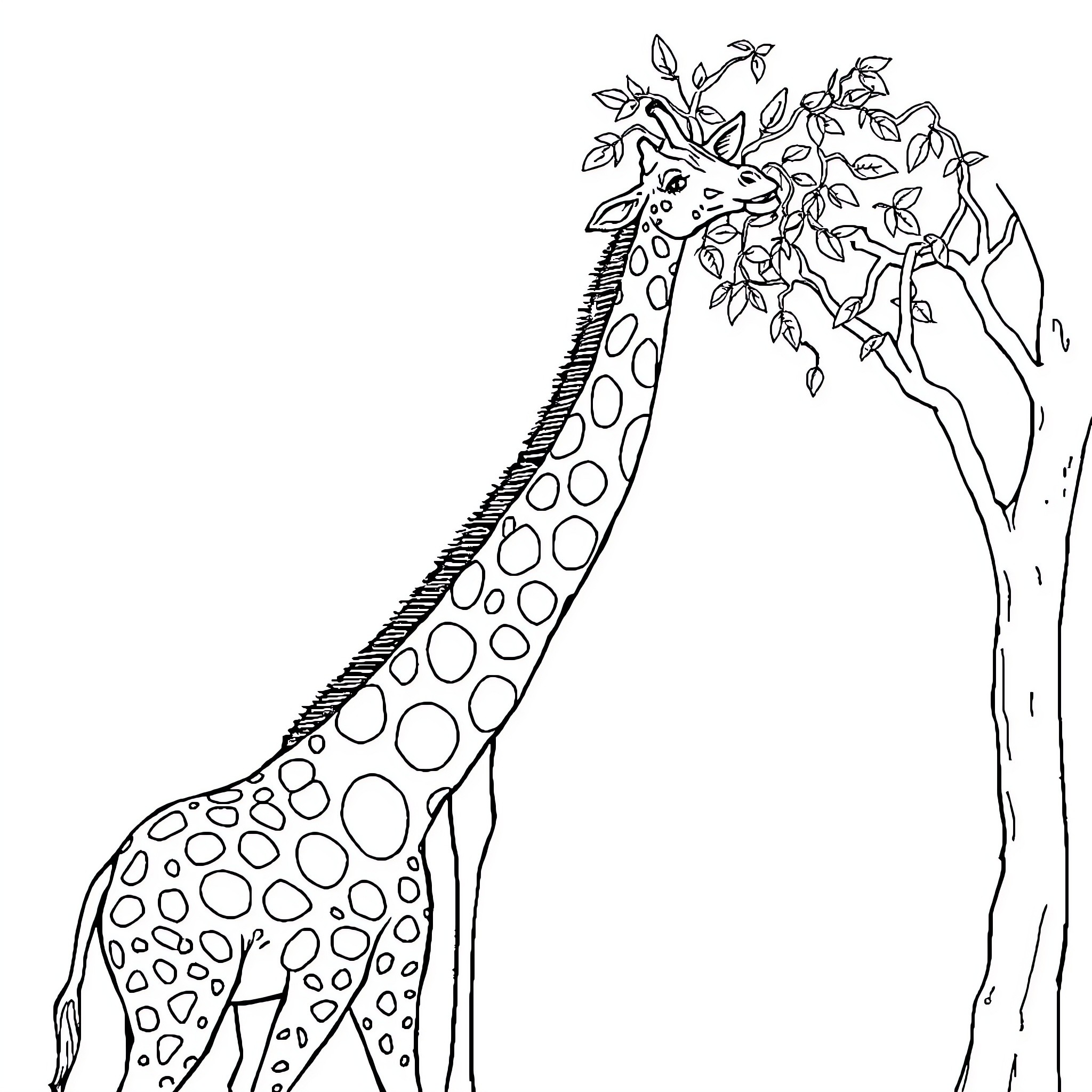 Giraffe enjoying foliage in its habitat Coloring Page (free black-and-white line drawing printable PDF for all, from beginners to advanced learners, including children, teens, adults, and seniors)
