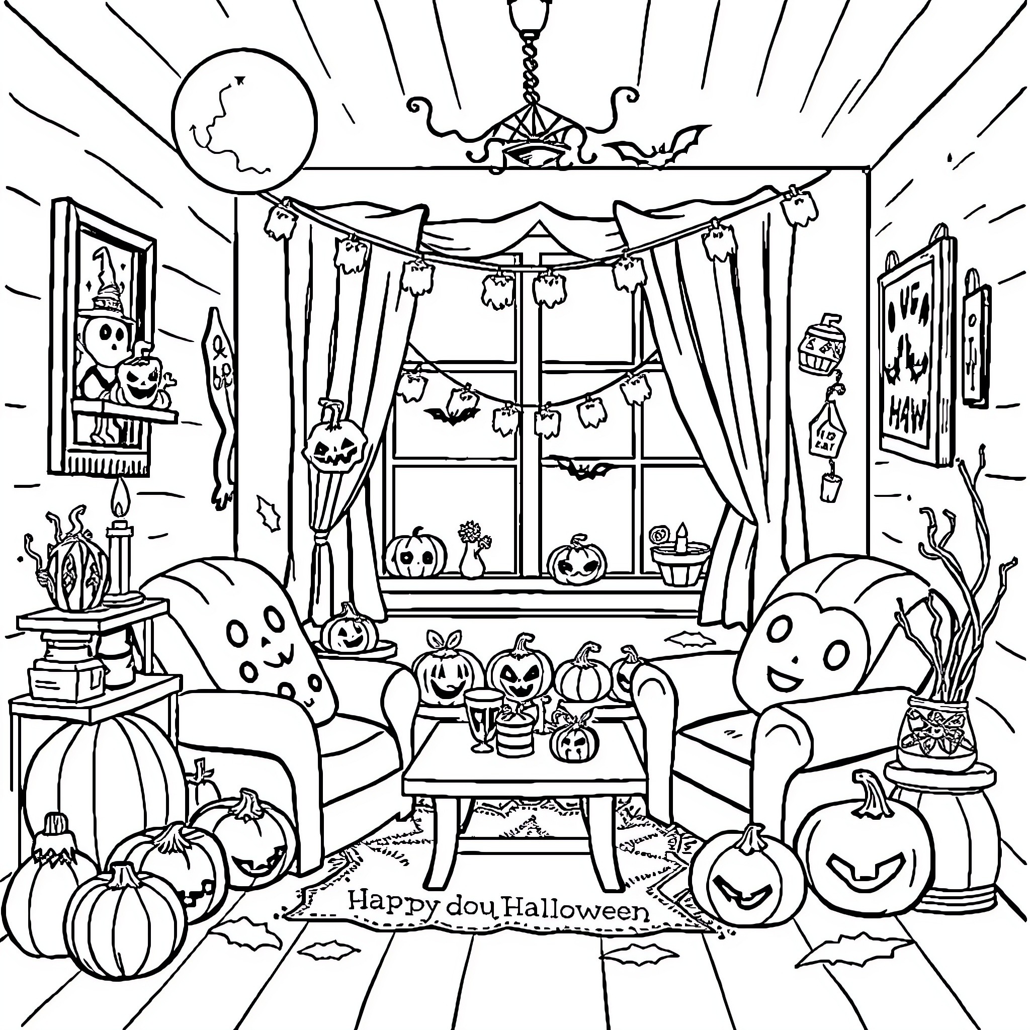 Spooky Halloween decor and ghostly figures in a cozy room Coloring Page (free black-and-white line drawing printable PDF for all, from beginners to advanced learners, including children, teens, adults, and seniors)