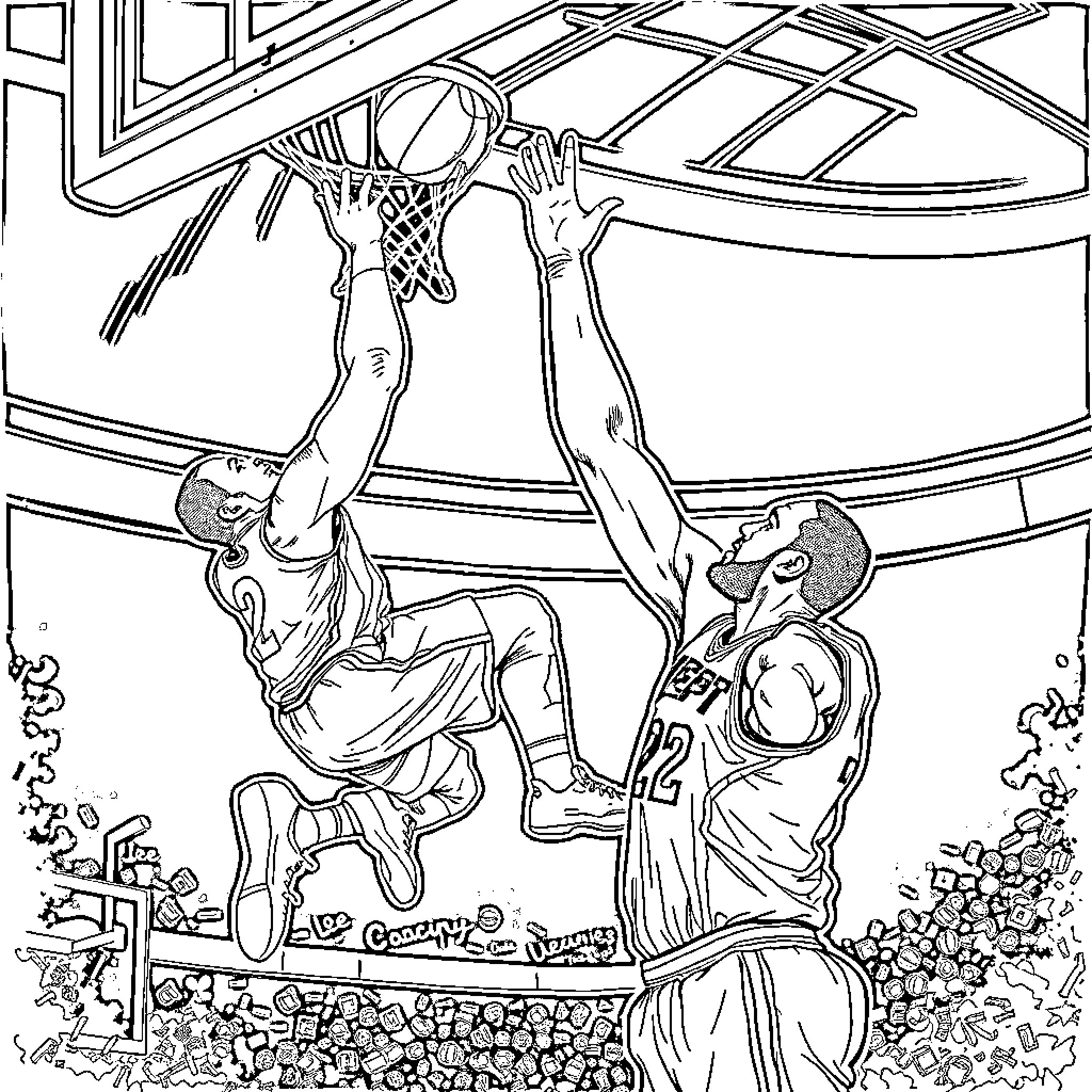 John Cena playing basketball with friend on court Coloring Page (free black-and-white line drawing printable PDF for all, from beginners to advanced learners, including children, teens, adults, and seniors)
