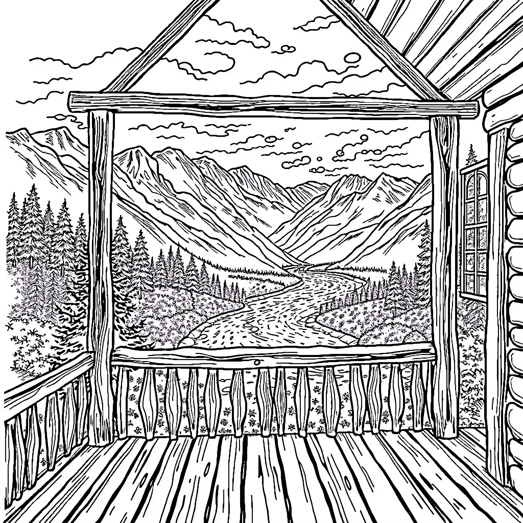 Porch view of scenic mountain landscape Coloring Page (free black-and-white line drawing printable PDF for all, from beginners to advanced learners, including children, teens, adults, and seniors)