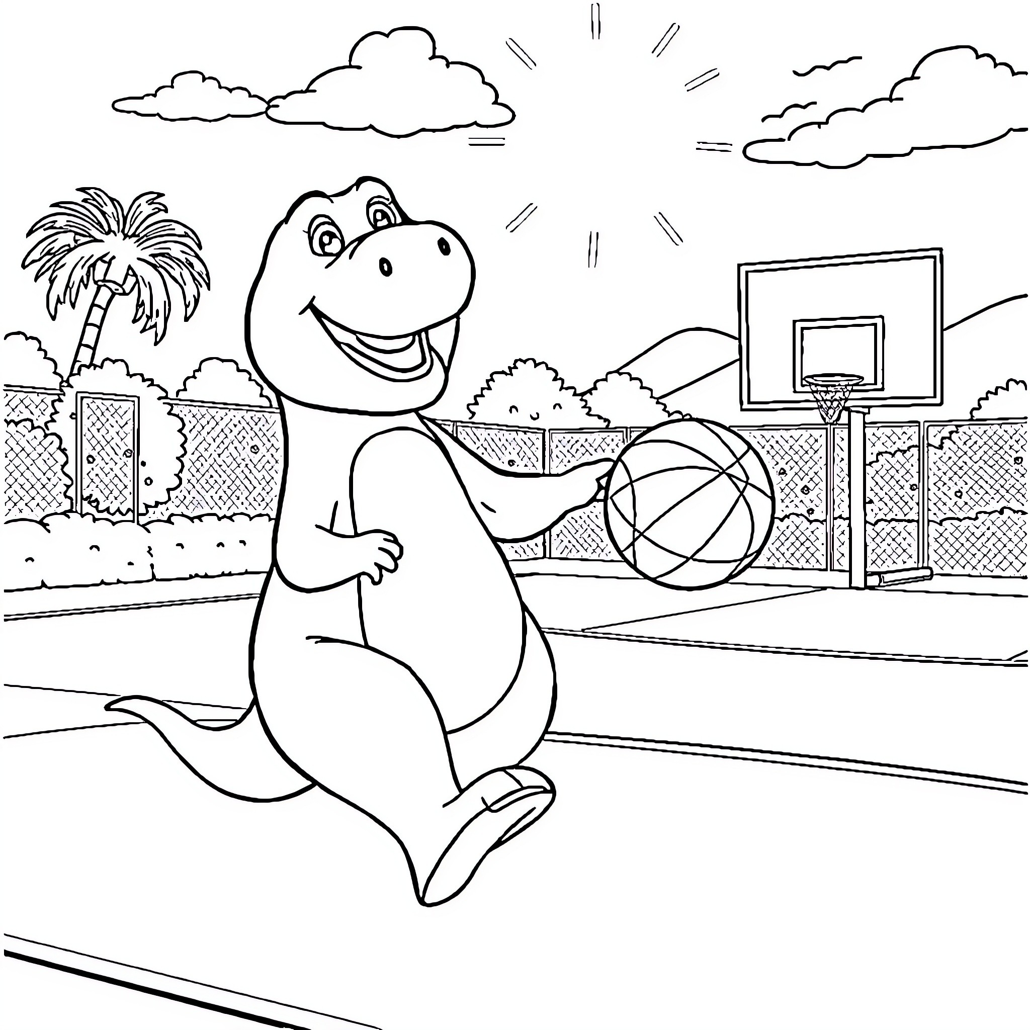 Barney playing happily with a ball on the court Coloring Page (free black-and-white line drawing printable PDF for all, from beginners to advanced learners, including children, teens, adults, and seniors)