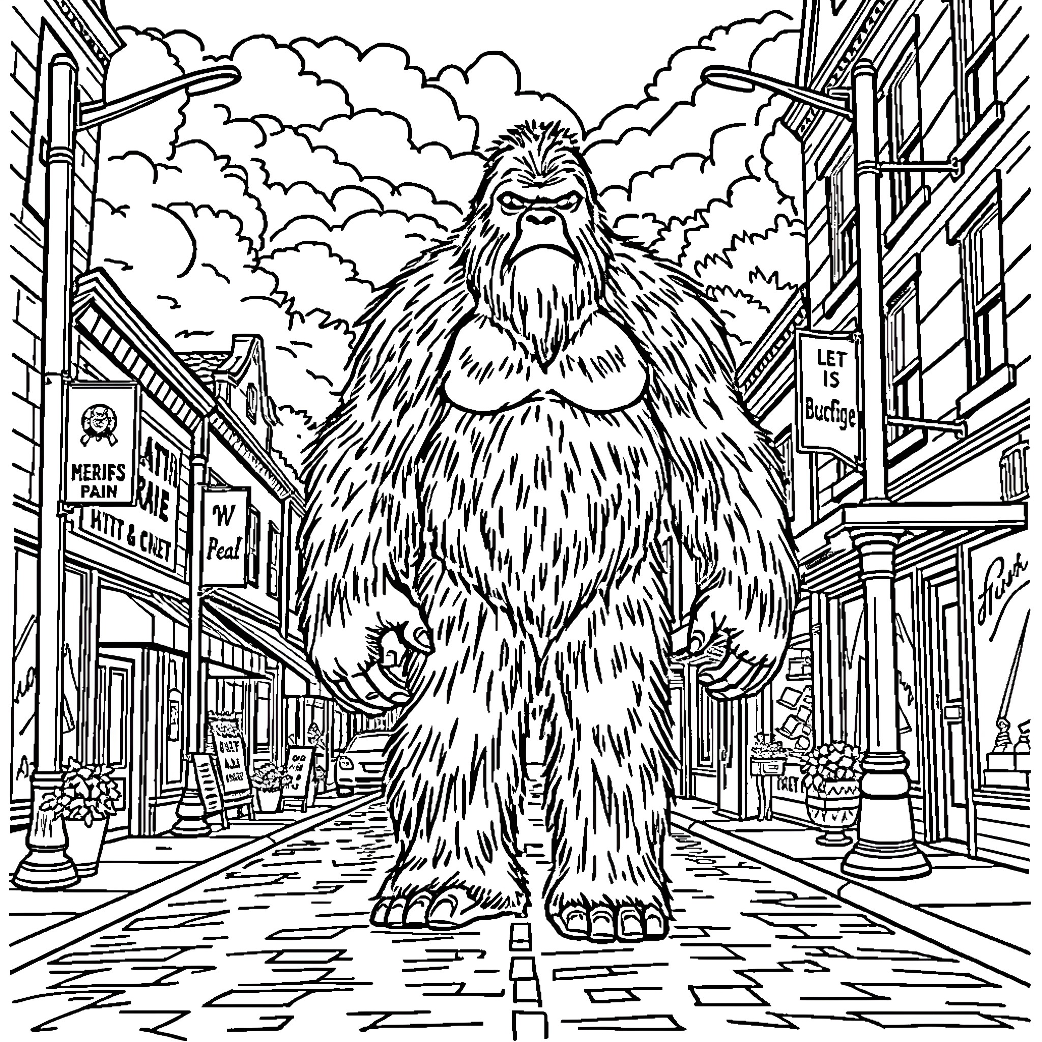 Bigfoot wandering through a bustling city street Coloring Page (free black-and-white line drawing printable PDF for all, from beginners to advanced learners, including children, teens, adults, and seniors)