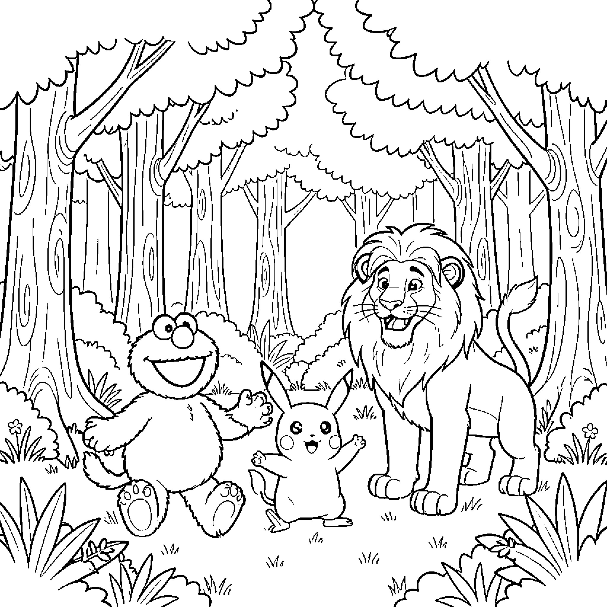 Character group smiling together in a forest setting Coloring Page (free black-and-white line drawing printable PDF for all, from beginners to advanced learners, including children, teens, adults, and seniors)