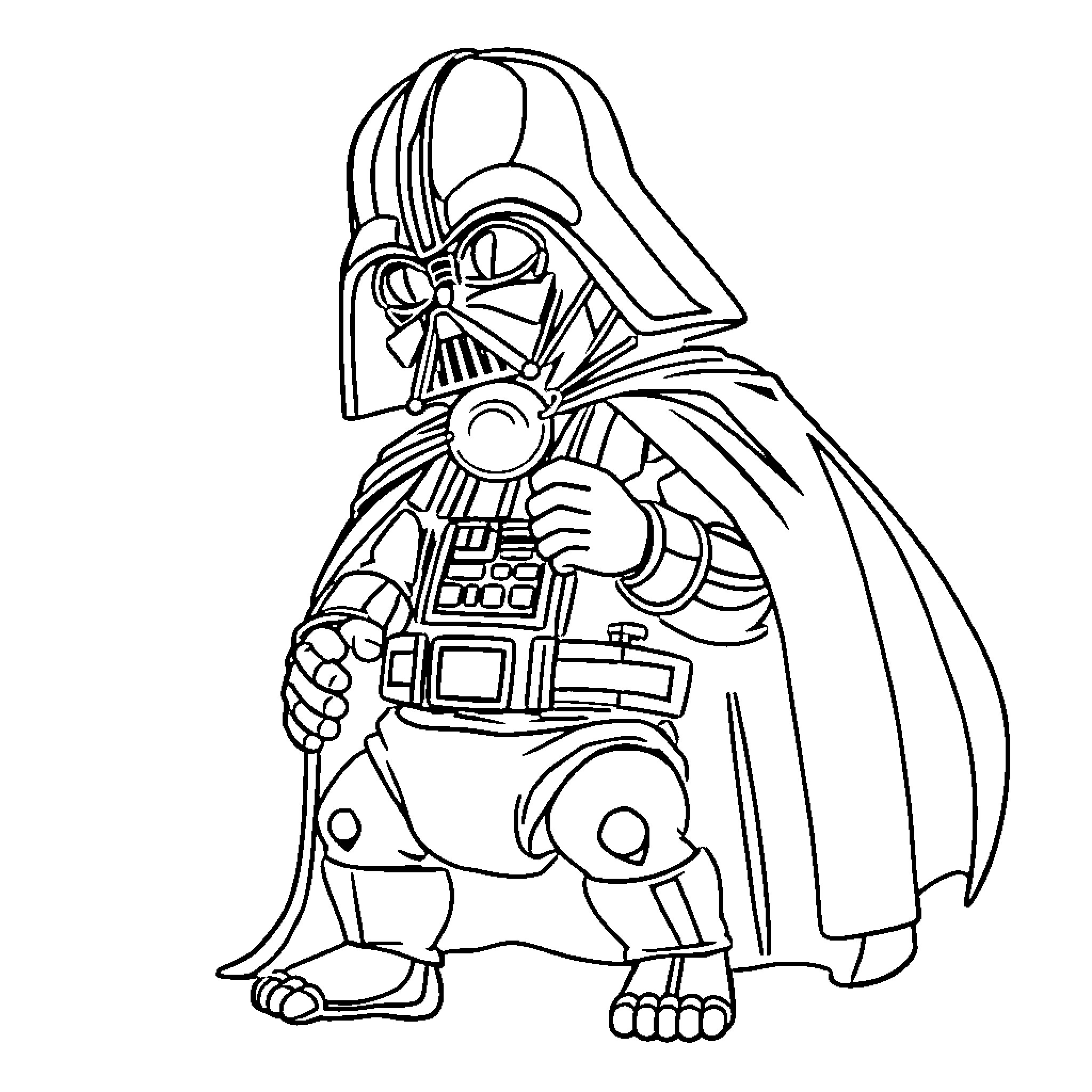 Darth Vader in Iconic Pose with Lightsaber Coloring Page (free black-and-white line drawing printable PDF for all, from beginners to advanced learners, including children, teens, adults, and seniors)