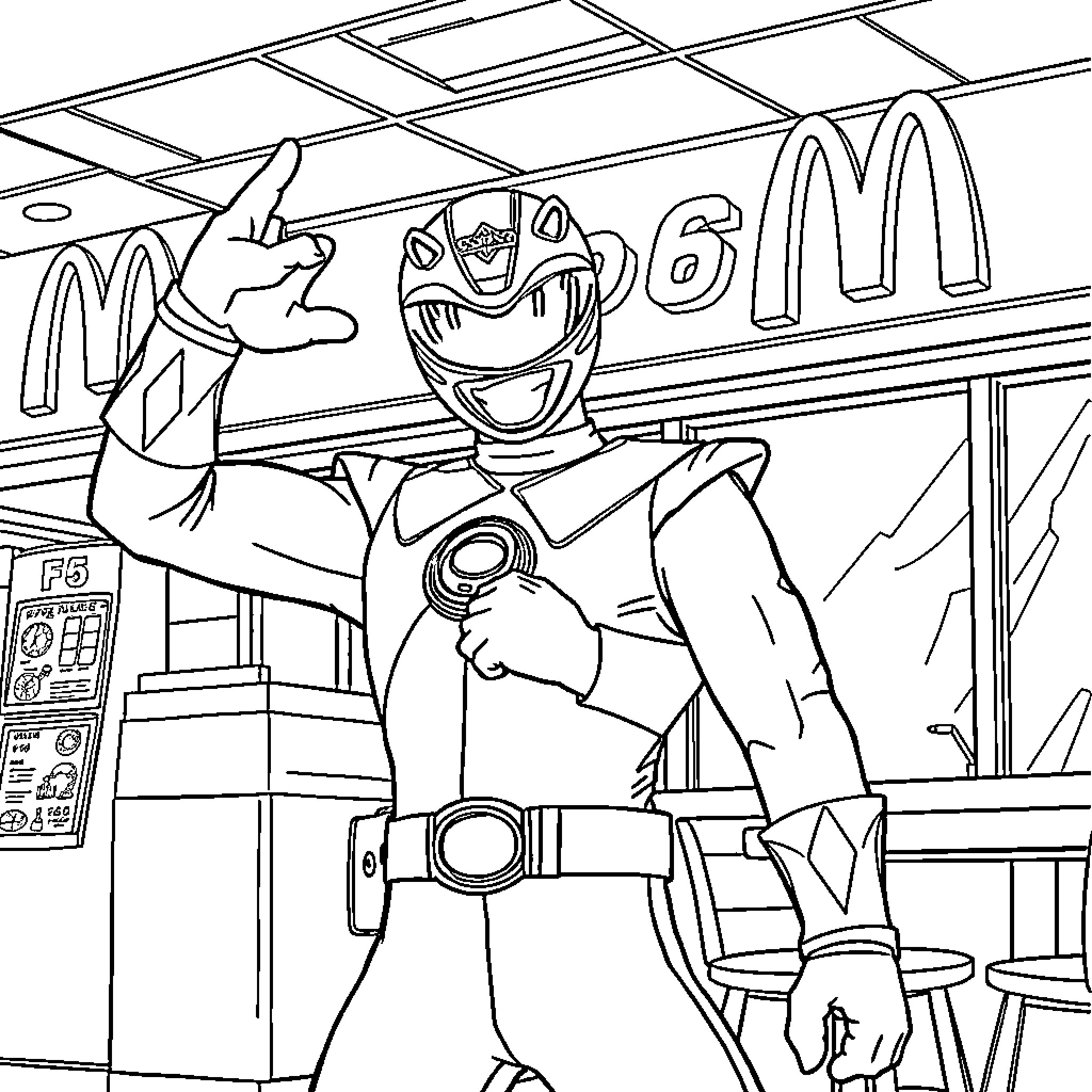 Power Ranger Strikes a Heroic Pose at a Restaurant Coloring Page (free black-and-white line drawing printable PDF for all, from beginners to advanced learners, including children, teens, adults, and seniors)