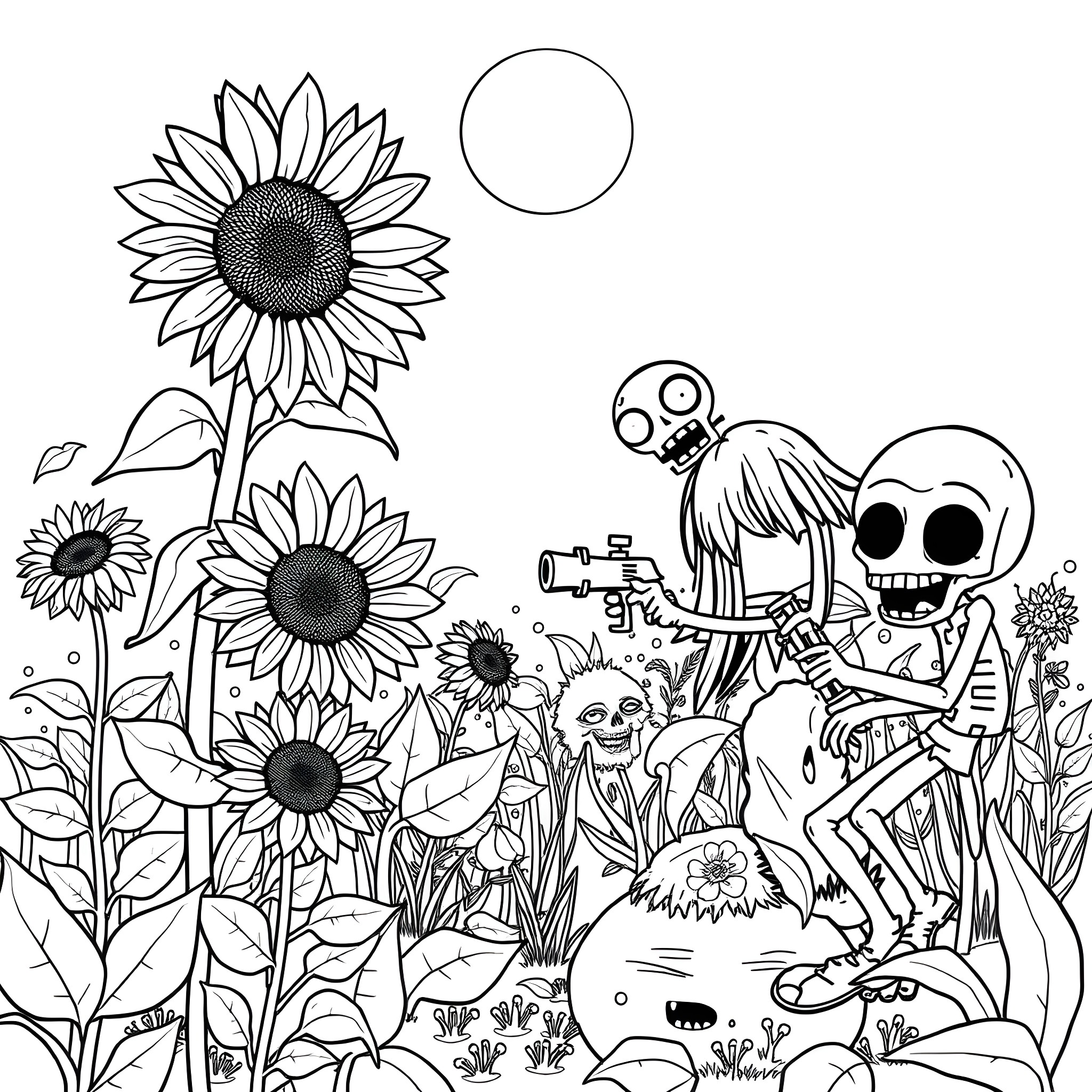 Plant creatures interacting in a garden landscape Coloring Page (free black-and-white line drawing printable PDF for all, from beginners to advanced learners, including children, teens, adults, and seniors)