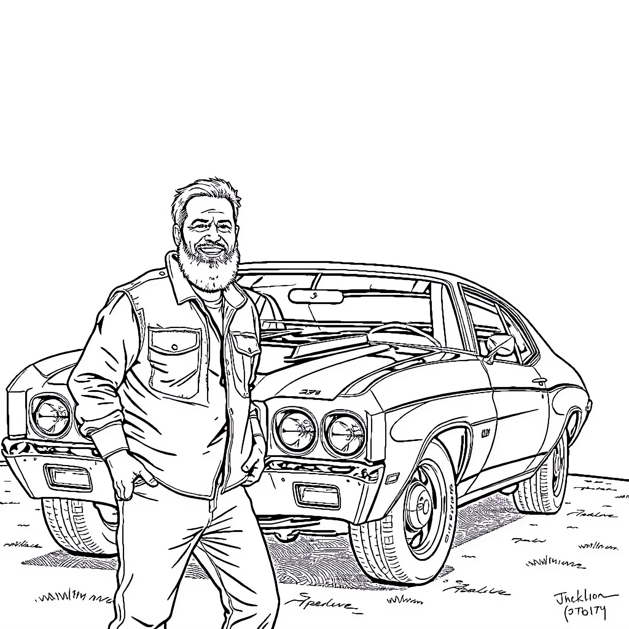 Bearded Man posing confidently next to his classic car Coloring Page (free black-and-white line drawing printable PDF for all, from beginners to advanced learners, including children, teens, adults, and seniors)