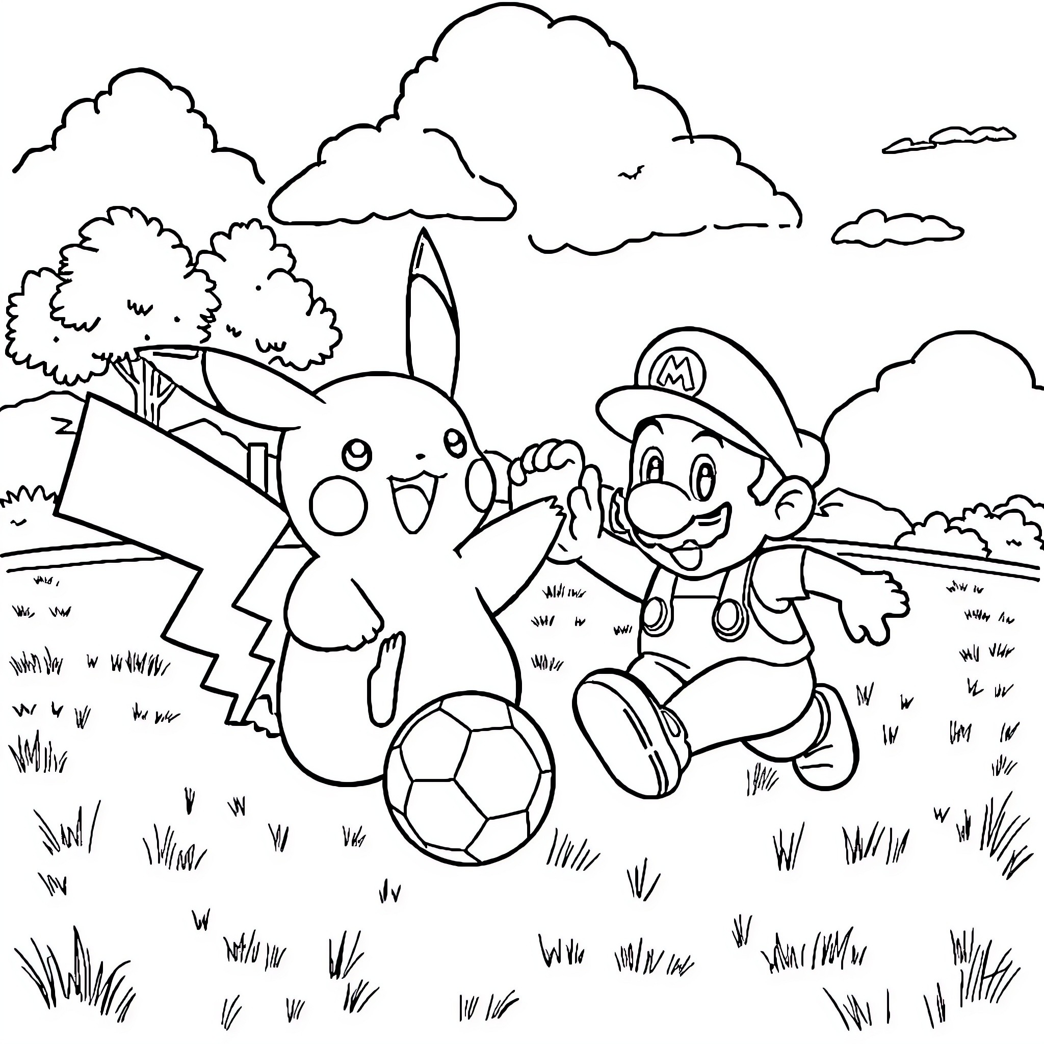 Pikachu and Mario playing soccer in the countryside Coloring Page (free black-and-white line drawing printable PDF for all, from beginners to advanced learners, including children, teens, adults, and seniors)