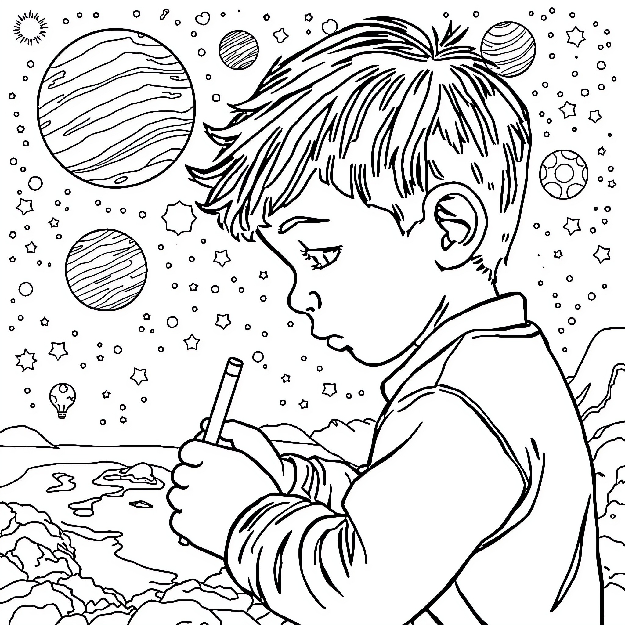 Niño exploring the cosmos with wonder Coloring Page (free black-and-white line drawing printable PDF for all, from beginners to advanced learners, including children, teens, adults, and seniors)