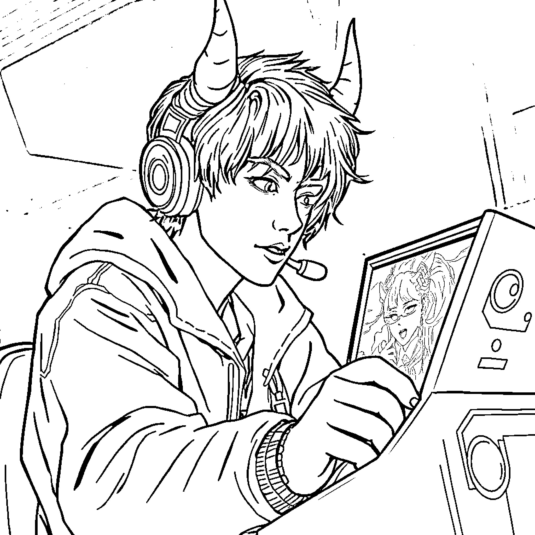 Rumi's passion for music and art Coloring Page (free black-and-white line drawing printable PDF for all, from beginners to advanced learners, including children, teens, adults, and seniors)