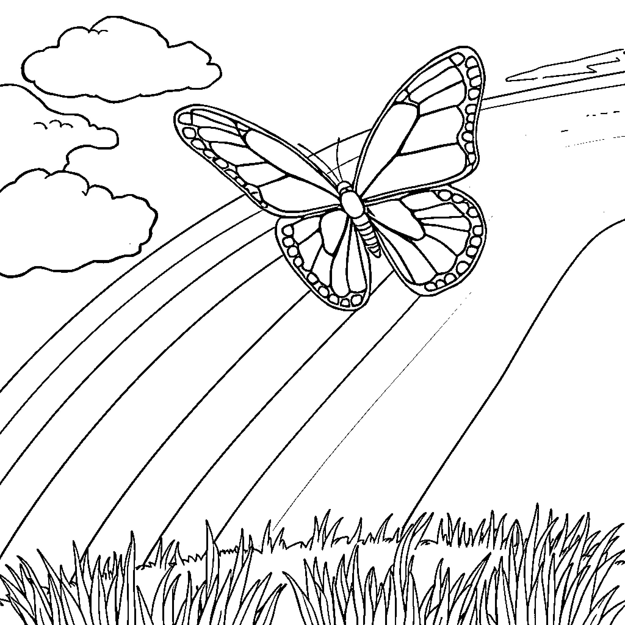 Butterfly soaring gracefully in the sky Coloring Page (free black-and-white line drawing printable PDF for all, from beginners to advanced learners, including children, teens, adults, and seniors)