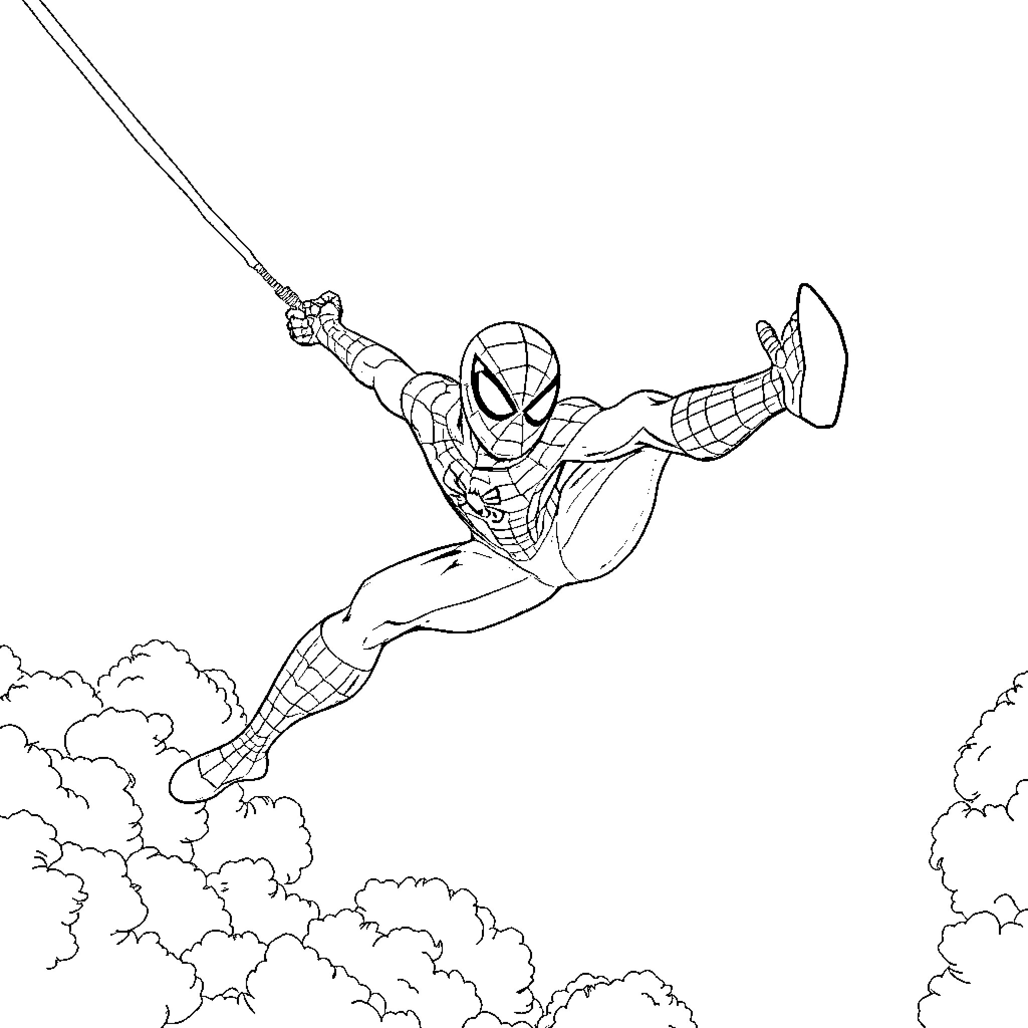 Spiderman swinging through the air with determination Coloring Page (free black-and-white line drawing printable PDF for all, from beginners to advanced learners, including children, teens, adults, and seniors)