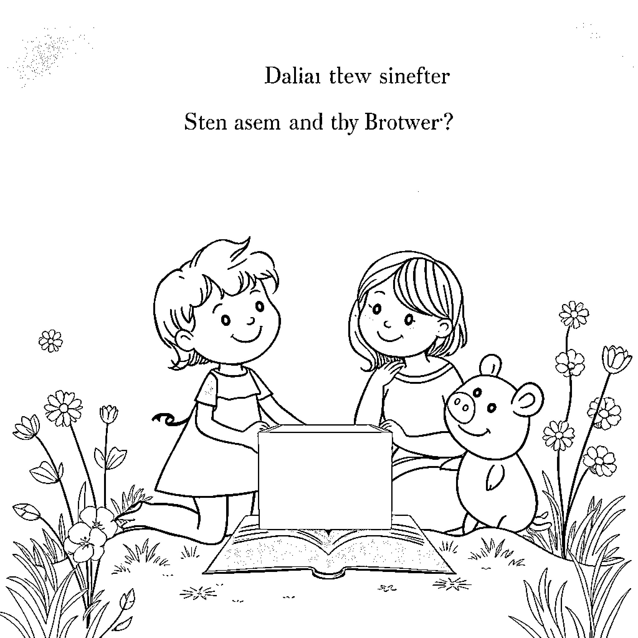 Dalia and friend reading book in the meadow Coloring Page (free black-and-white line drawing printable PDF for all, from beginners to advanced learners, including children, teens, adults, and seniors)
