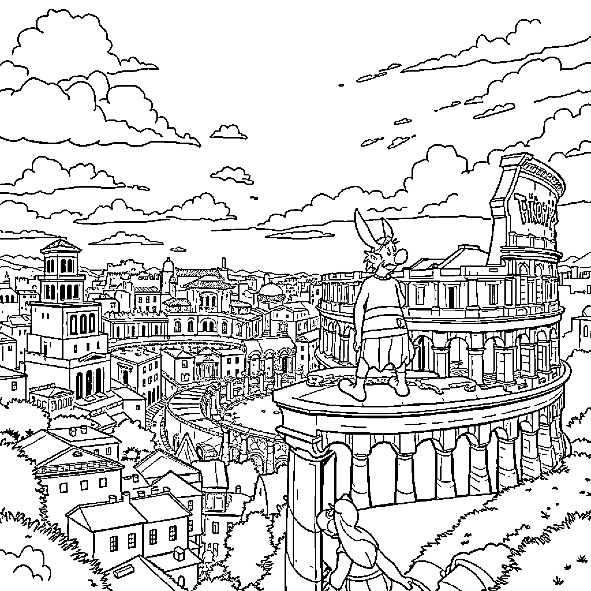Asterix and Obelix exploring the Roman city landscape Coloring Page (free black-and-white line drawing printable PDF for all, from beginners to advanced learners, including children, teens, adults, and seniors)