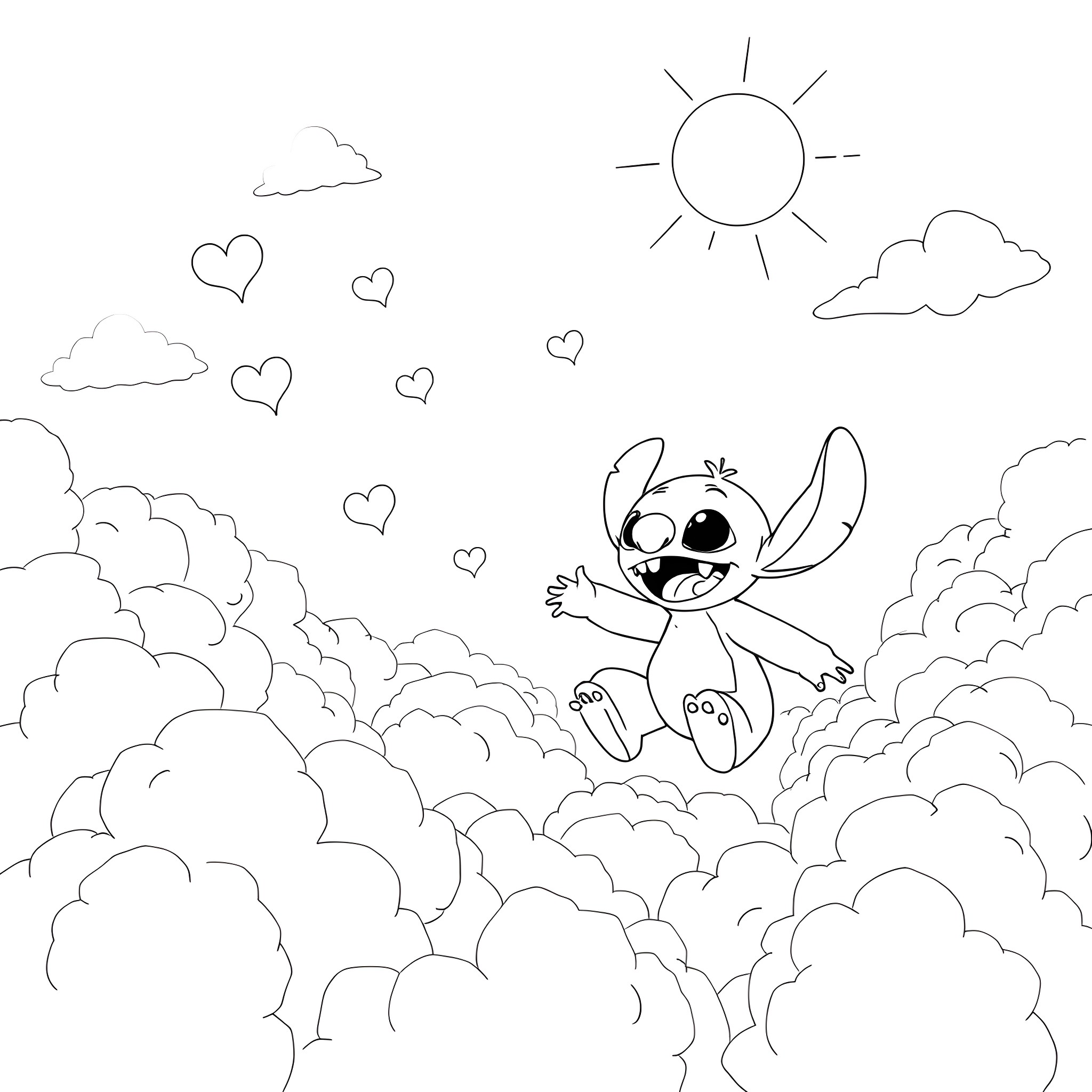 Girl jumping happily in the clouds Coloring Page (free black-and-white line drawing printable PDF for all, from beginners to advanced learners, including children, teens, adults, and seniors)