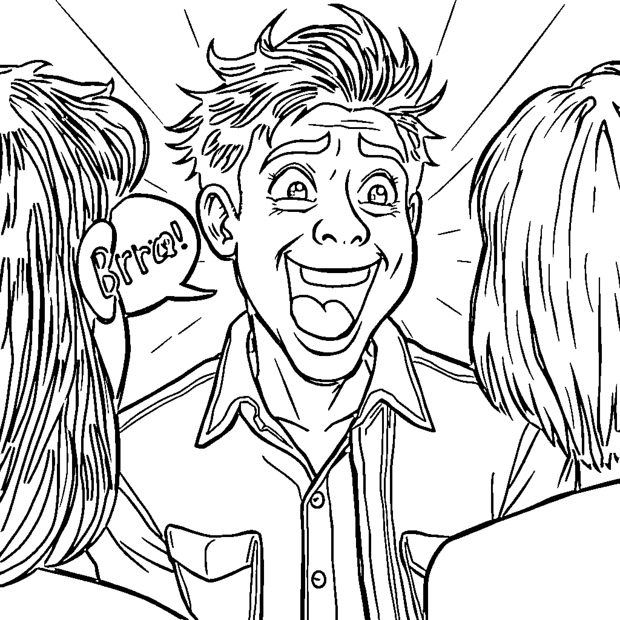 Bro making funny expressions with messy hair Coloring Page (free black-and-white line drawing printable PDF for all, from beginners to advanced learners, including children, teens, adults, and seniors)