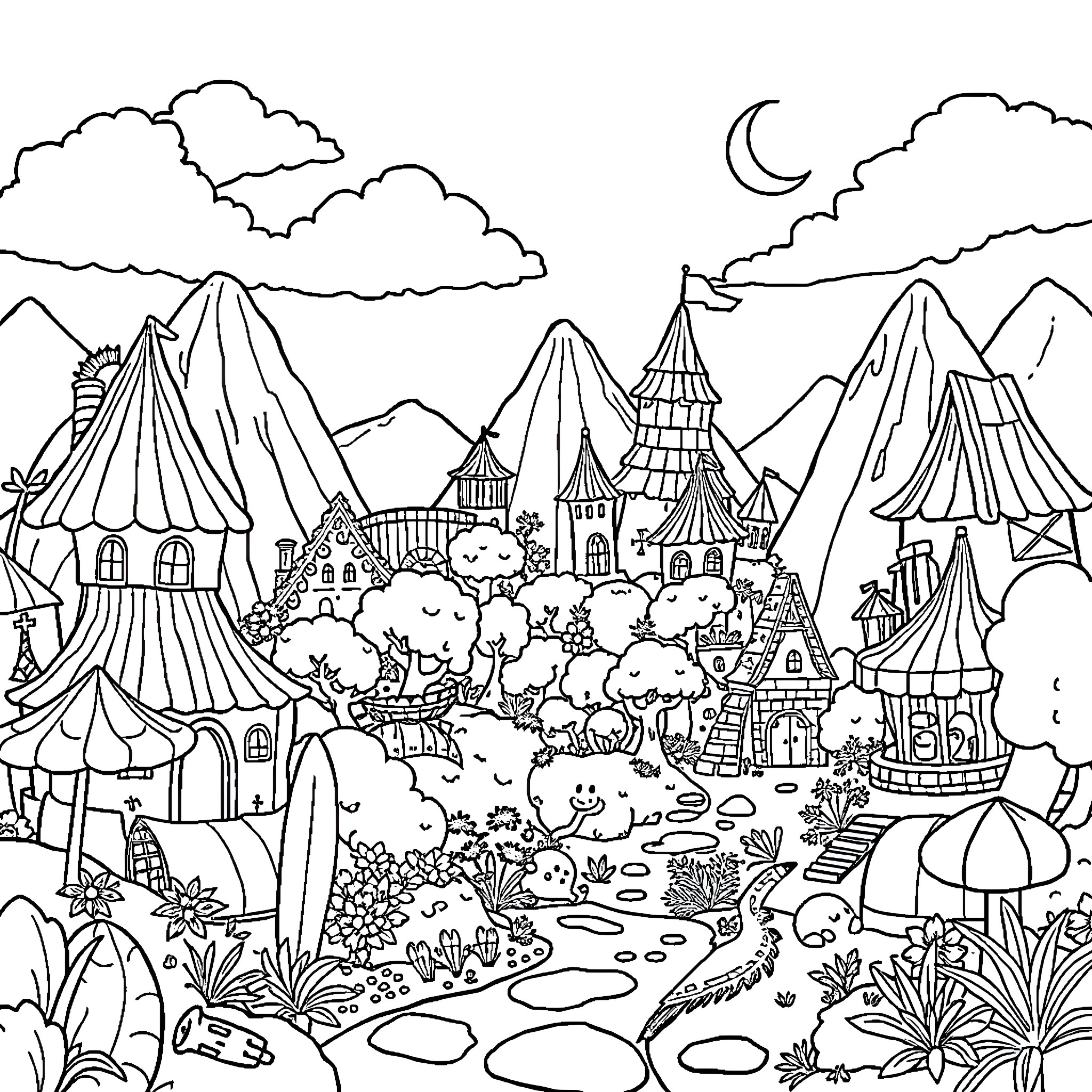 Bollo's Whimsical Fantasy Realm Coloring Page (free black-and-white line drawing printable PDF for all, from beginners to advanced learners, including children, teens, adults, and seniors)