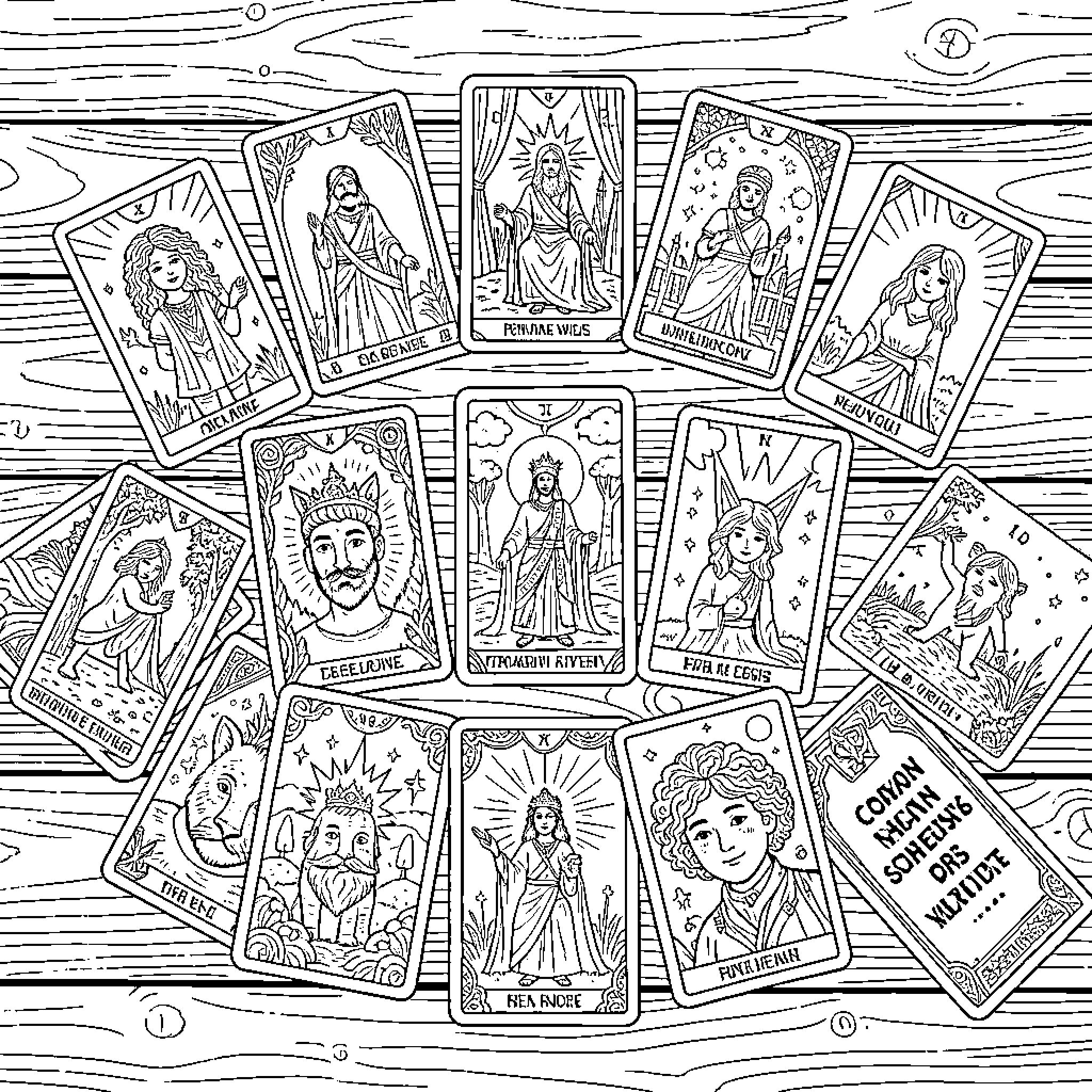 Tarot Cards Depicting Diverse Figures and Symbols Coloring Page (free black-and-white line drawing printable PDF for all, from beginners to advanced learners, including children, teens, adults, and seniors)