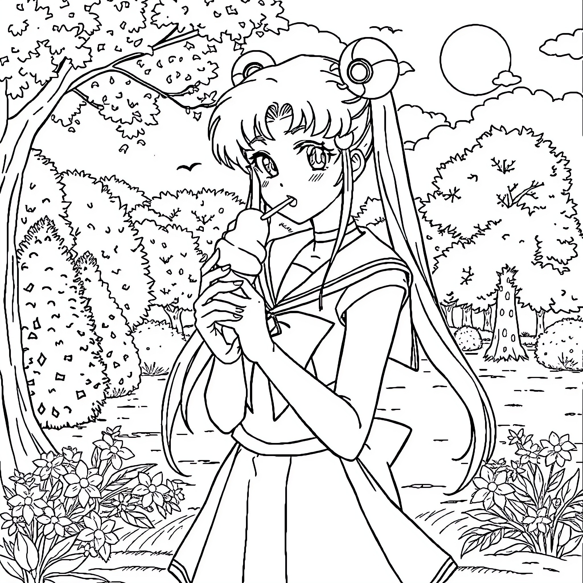 Sailormoon exploring the enchanted forest Coloring Page (free black-and-white line drawing printable PDF for all, from beginners to advanced learners, including children, teens, adults, and seniors)