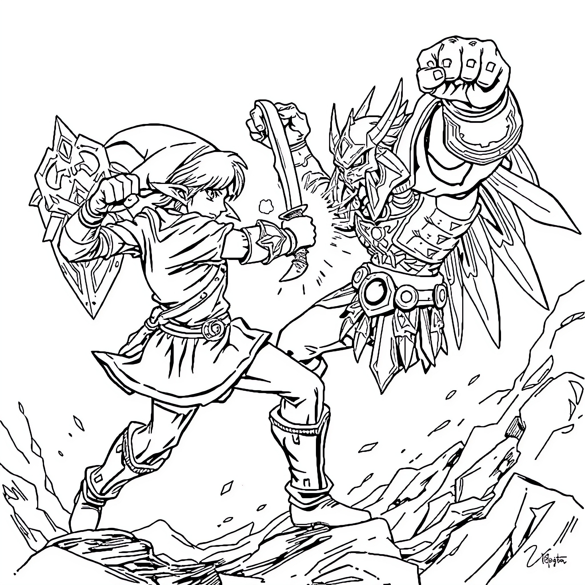 Link's Courageous Battle Against a Fearsome Foe Coloring Page (free black-and-white line drawing printable PDF for all, from beginners to advanced learners, including children, teens, adults, and seniors)