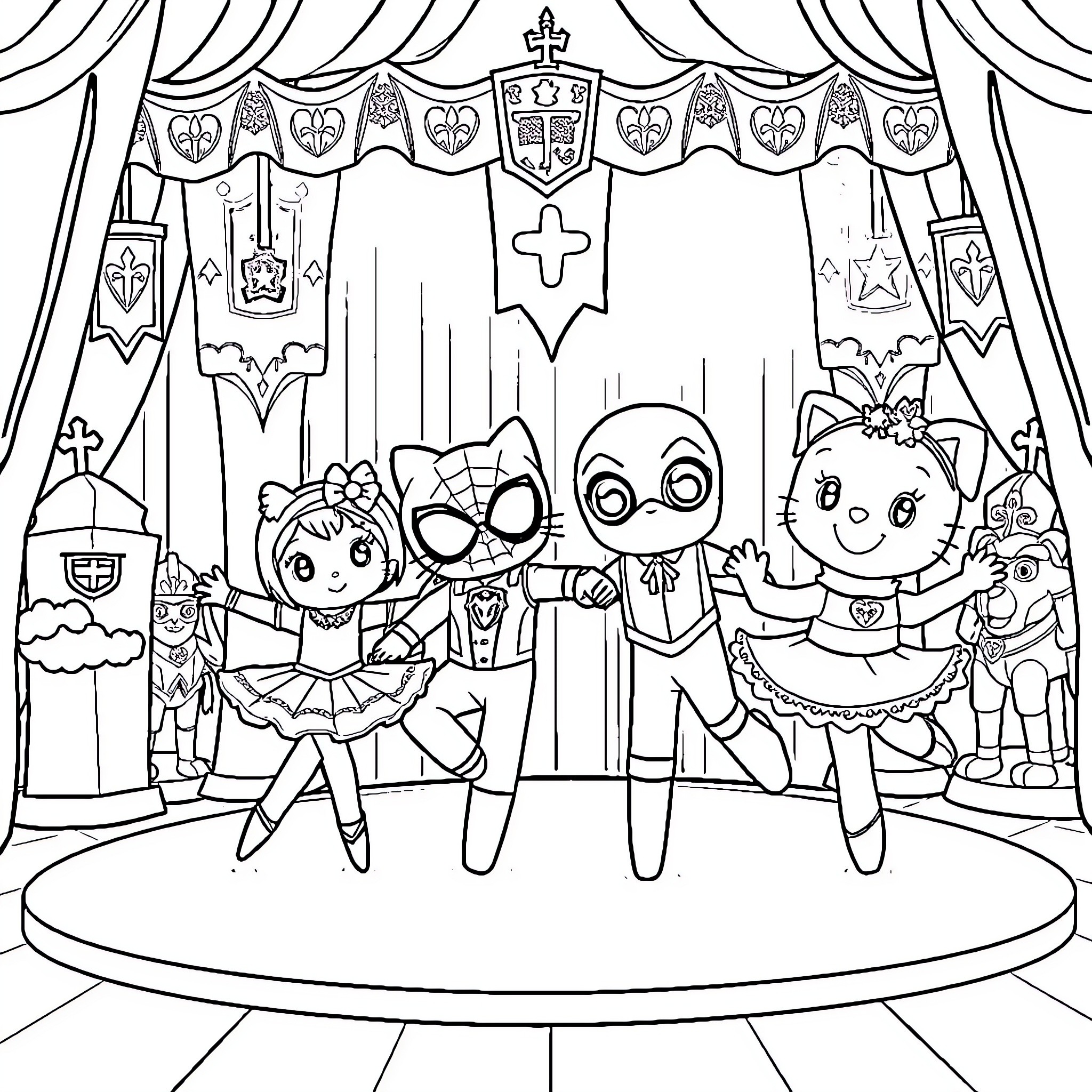Ballet Performance of Adorable Characters on Stage Coloring Page (free black-and-white line drawing printable PDF for all, from beginners to advanced learners, including children, teens, adults, and seniors)
