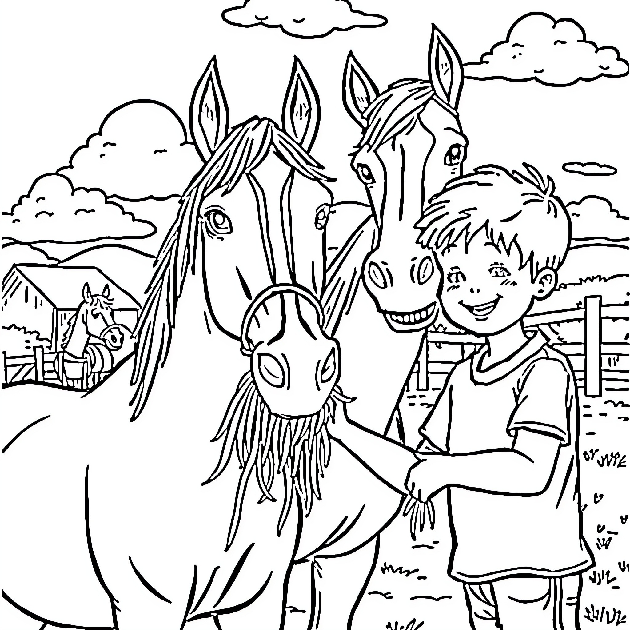 Kid enjoying with horses in the countryside Coloring Page (free black-and-white line drawing printable PDF for all, from beginners to advanced learners, including children, teens, adults, and seniors)