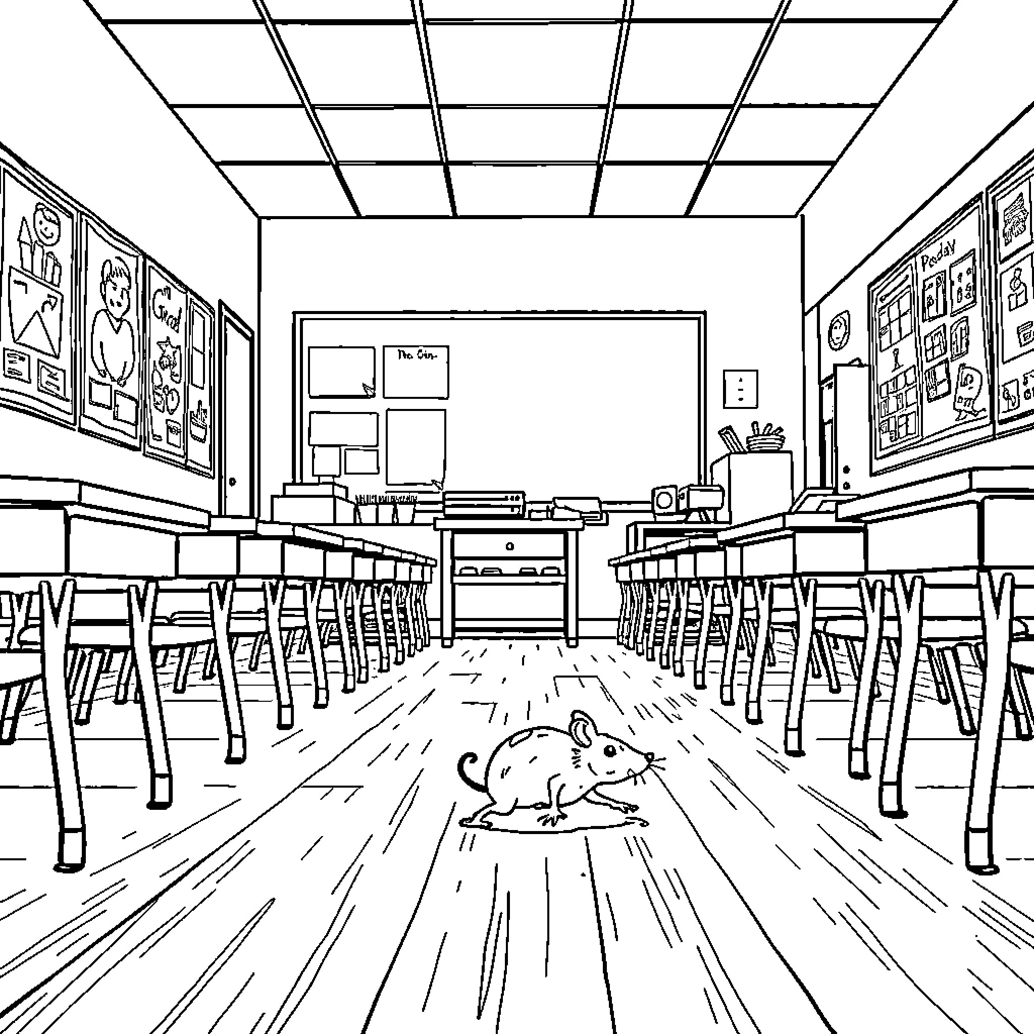 Mouse scurrying through an empty classroom Coloring Page (free black-and-white line drawing printable PDF for all, from beginners to advanced learners, including children, teens, adults, and seniors)