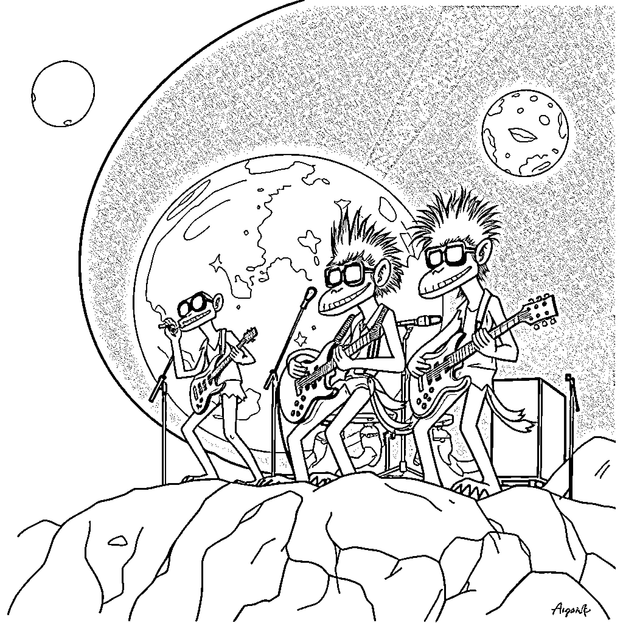 Gorillaz performing on a cosmic stage Coloring Page (free black-and-white line drawing printable PDF for all, from beginners to advanced learners, including children, teens, adults, and seniors)