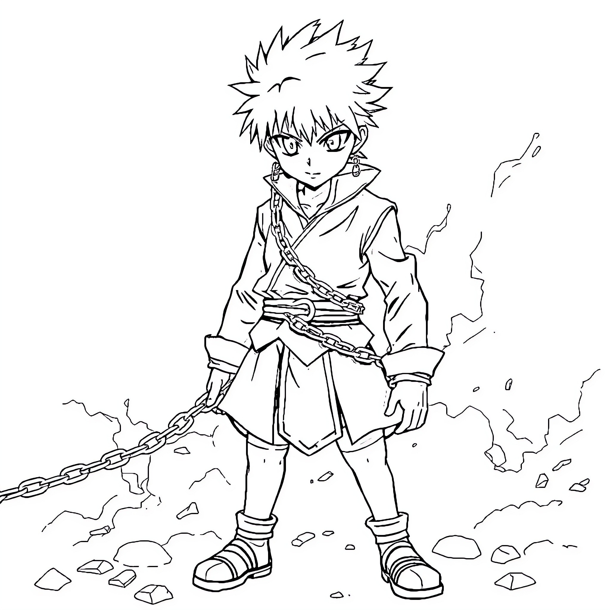 Kurapika wielding chains in intense battle Coloring Page (free black-and-white line drawing printable PDF for all, from beginners to advanced learners, including children, teens, adults, and seniors)