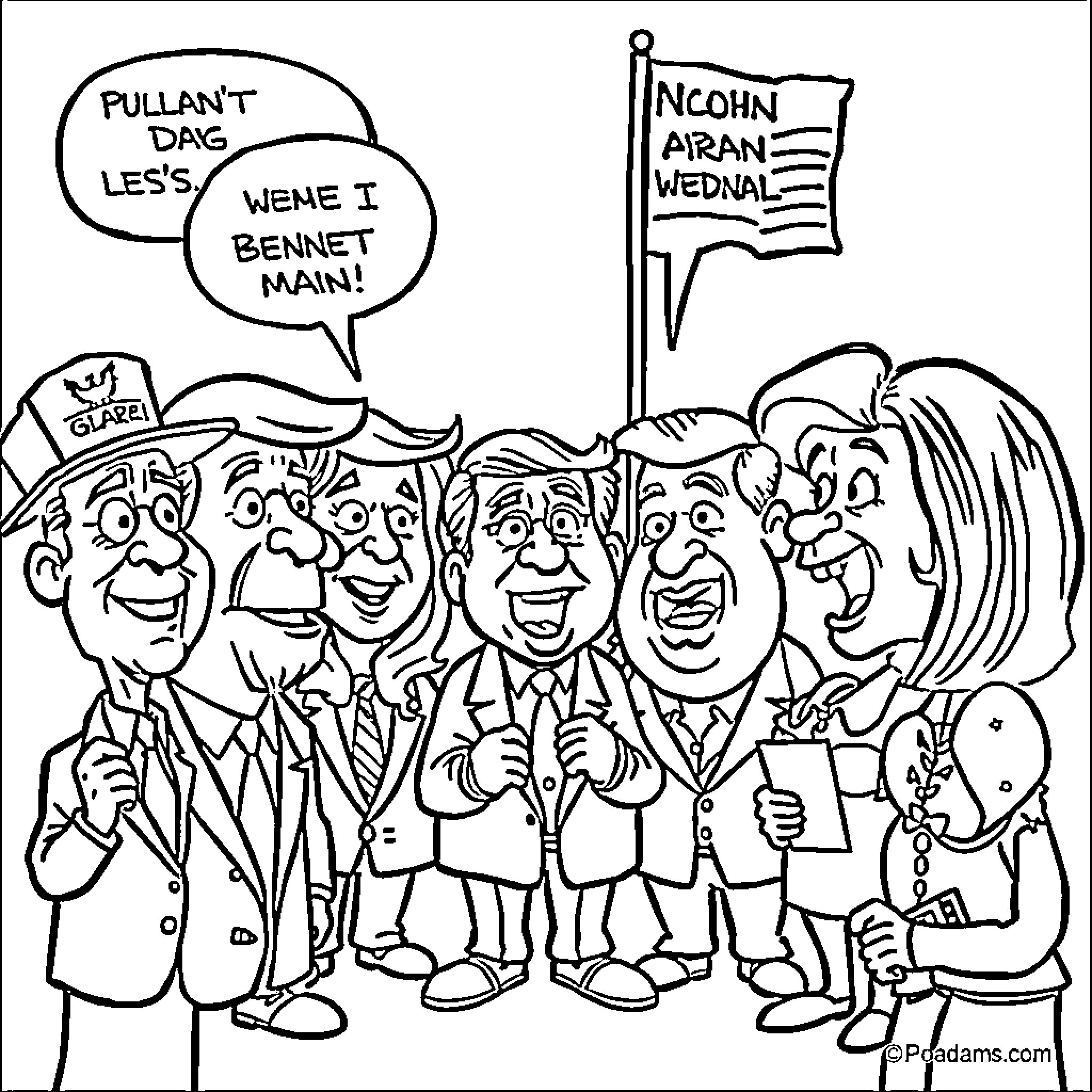 Political Cartoon of Crowd Cheering and Waving Flags Coloring Page (free black-and-white line drawing printable PDF for all, from beginners to advanced learners, including children, teens, adults, and seniors)