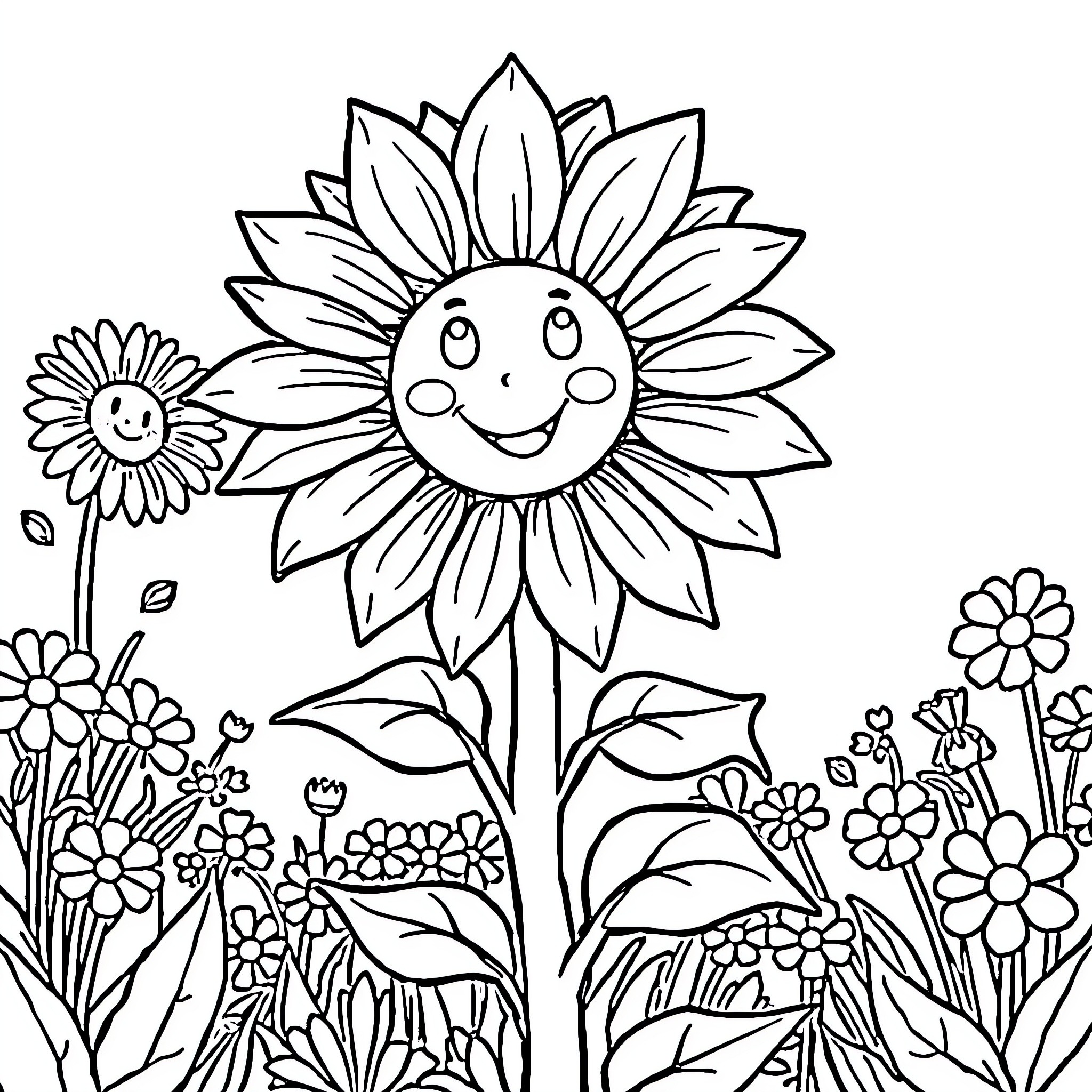Sunflower garden with happy flowers Coloring Page (free black-and-white line drawing printable PDF for all, from beginners to advanced learners, including children, teens, adults, and seniors)