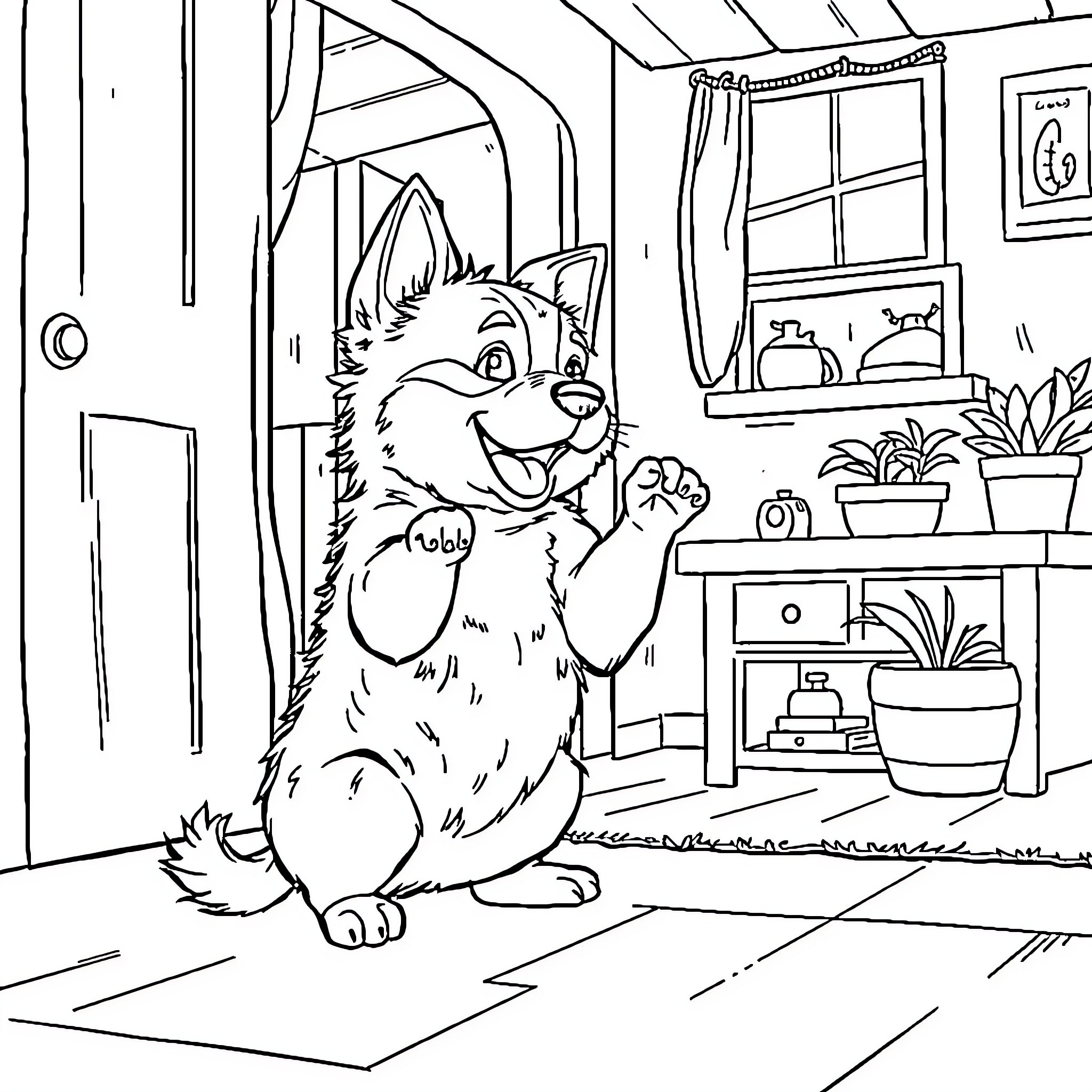 Puppy exploring a cozy home Coloring Page (free black-and-white line drawing printable PDF for all, from beginners to advanced learners, including children, teens, adults, and seniors)