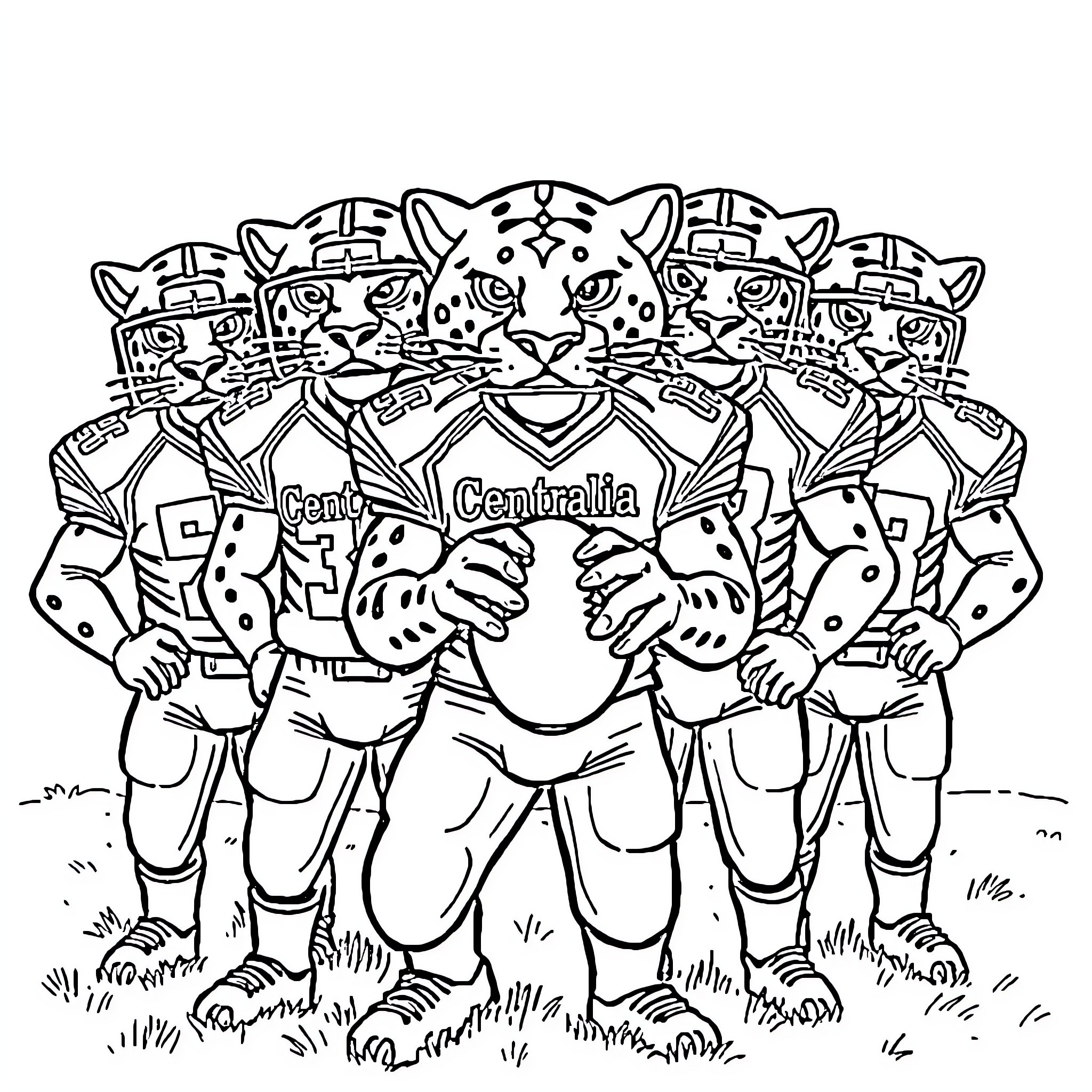 Panther mascots cheering together in unity Coloring Page (free black-and-white line drawing printable PDF for all, from beginners to advanced learners, including children, teens, adults, and seniors)