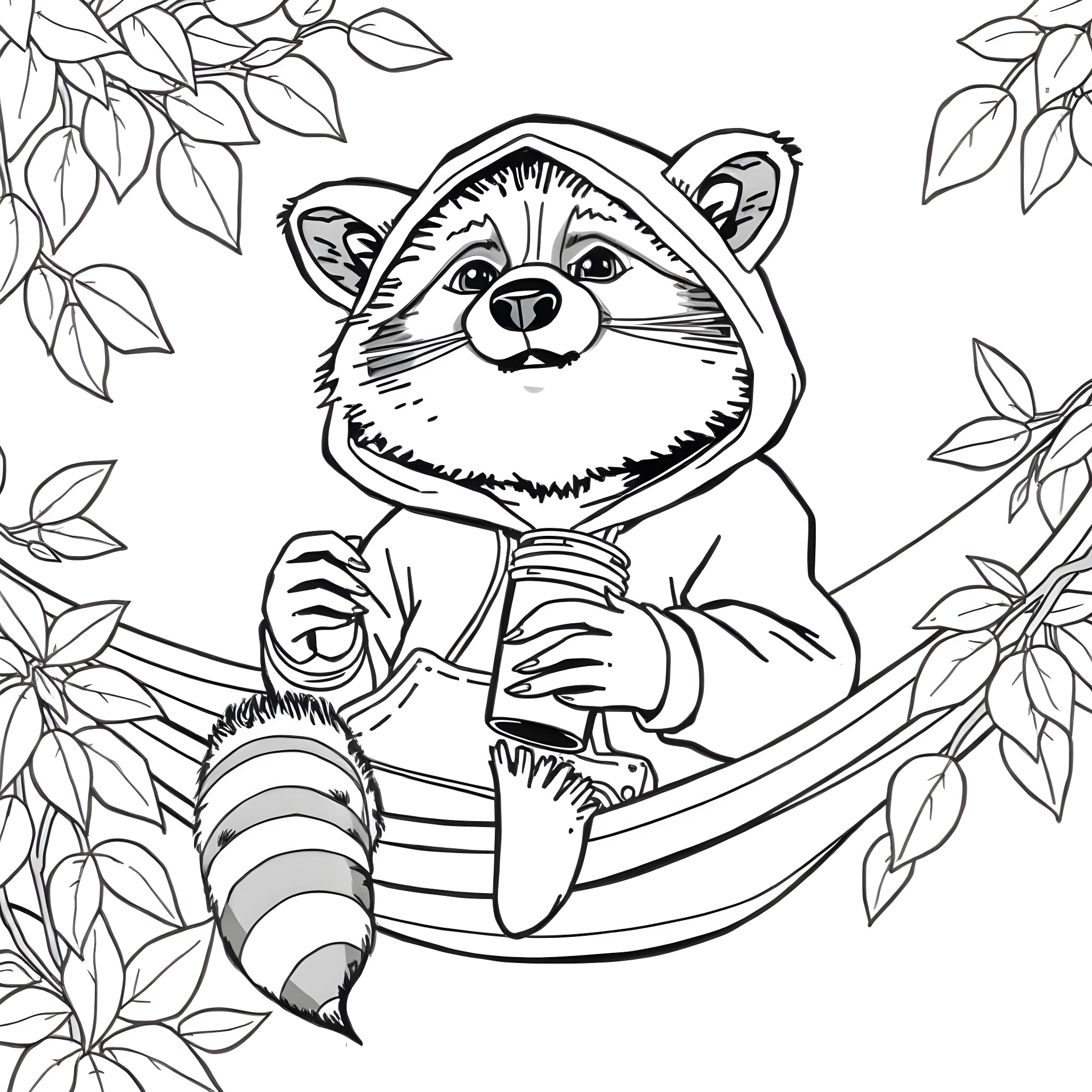 Raccoon posing playfully with leaves in the background Coloring Page (free black-and-white line drawing printable PDF for all, from beginners to advanced learners, including children, teens, adults, and seniors)