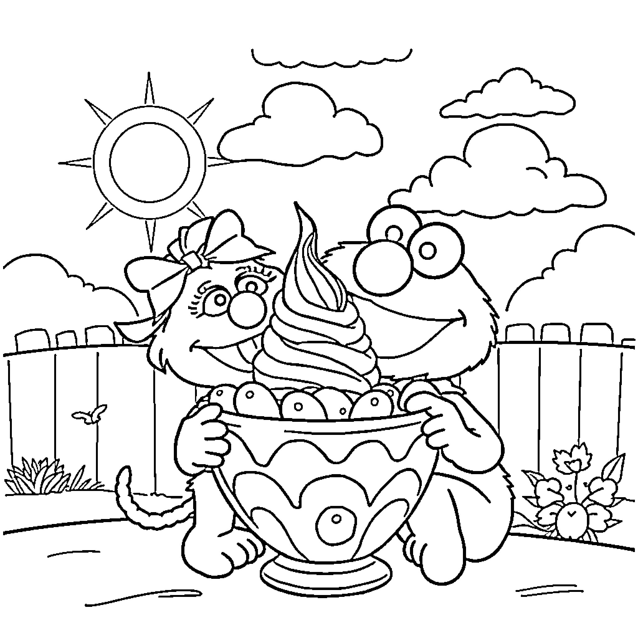 Elmo Enjoying a Delightful Treat on a Sunny Day Coloring Page (free black-and-white line drawing printable PDF for all, from beginners to advanced learners, including children, teens, adults, and seniors)