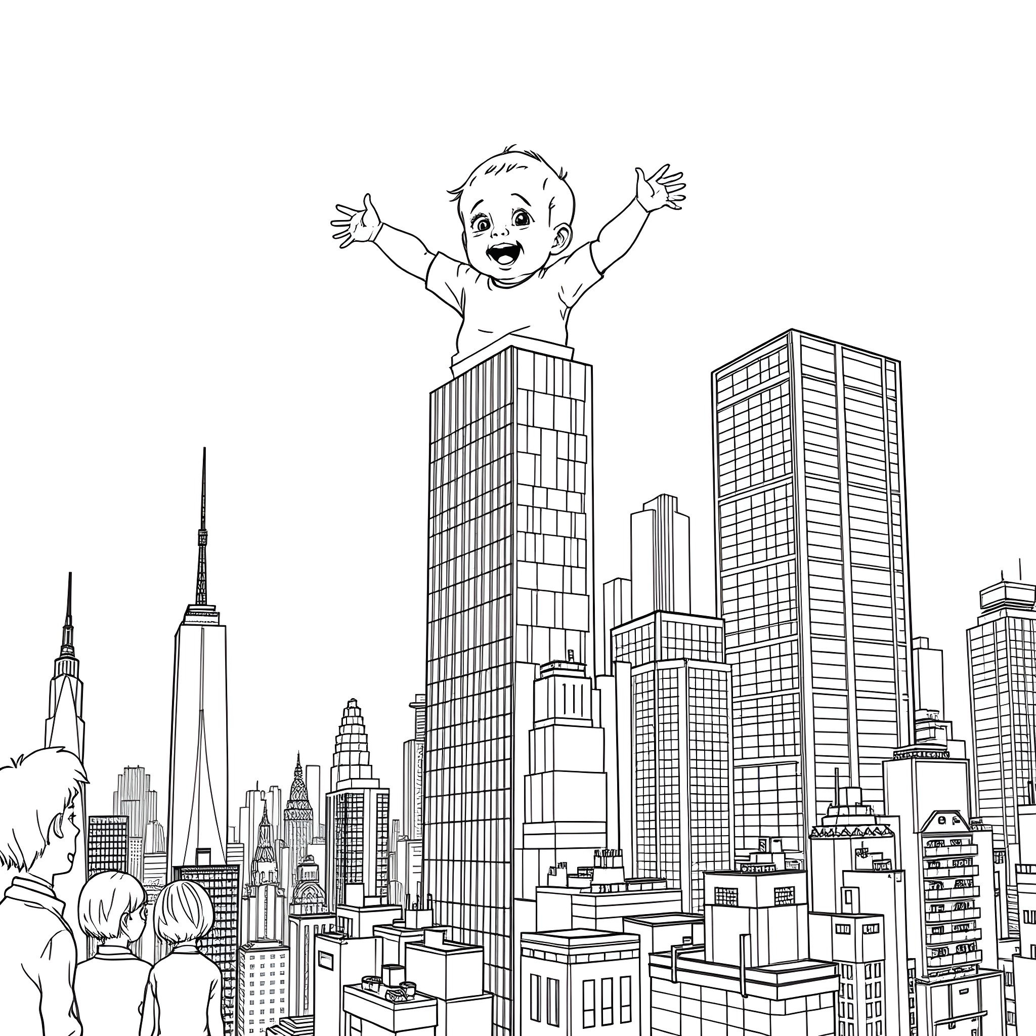 Baby floating high above the cityscape Coloring Page (free black-and-white line drawing printable PDF for all, from beginners to advanced learners, including children, teens, adults, and seniors)