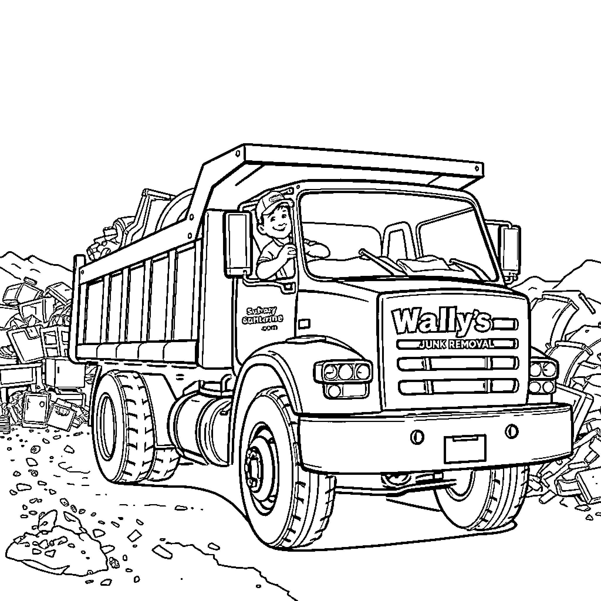 Dump Truck Transporting Construction Materials Coloring Page (free black-and-white line drawing printable PDF for all, from beginners to advanced learners, including children, teens, adults, and seniors)