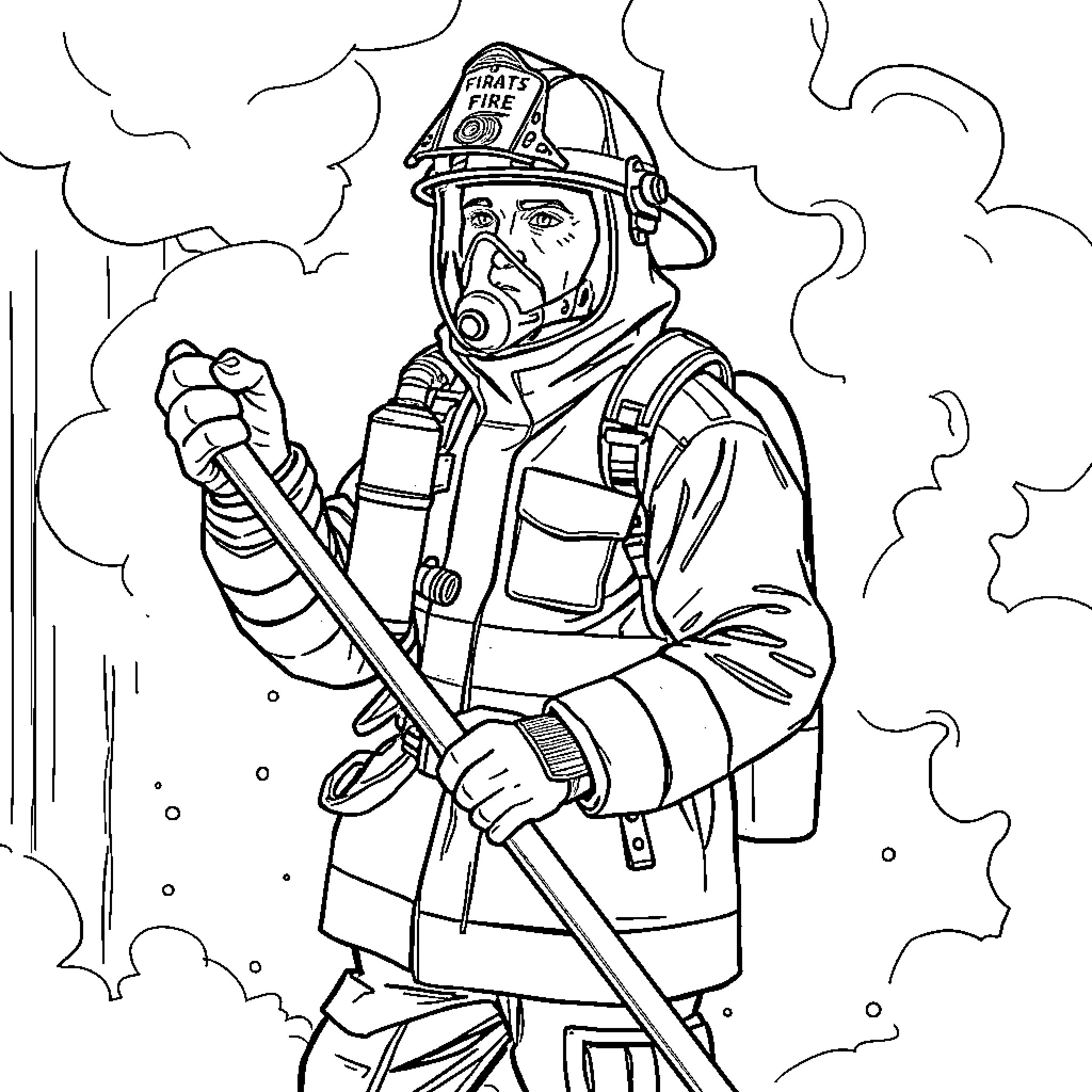 Firefighter in action amidst smoke and flames Coloring Page (free black-and-white line drawing printable PDF for all, from beginners to advanced learners, including children, teens, adults, and seniors)