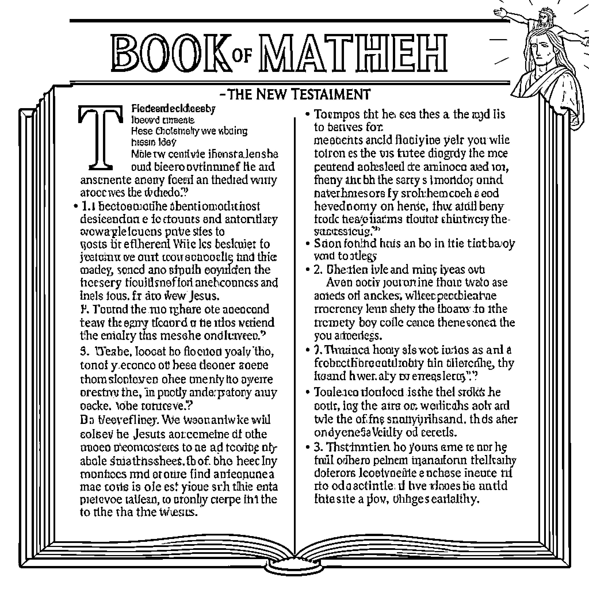 Matthew displaying an open ancient book with text Coloring Page (free black-and-white line drawing printable PDF for all, from beginners to advanced learners, including children, teens, adults, and seniors)