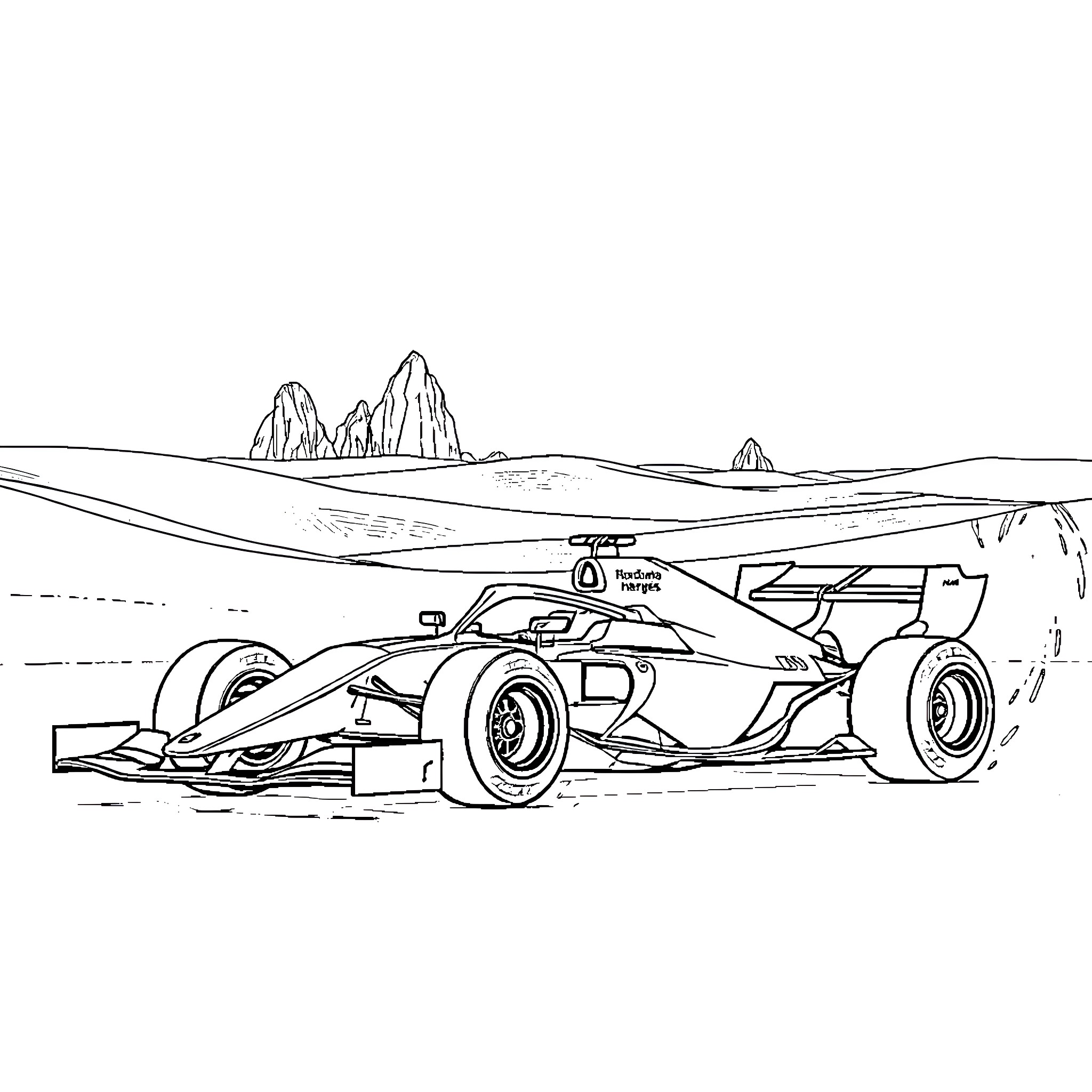 Formula 1 Car speeding through the desert landscape Coloring Page (free black-and-white line drawing printable PDF for all, from beginners to advanced learners, including children, teens, adults, and seniors)
