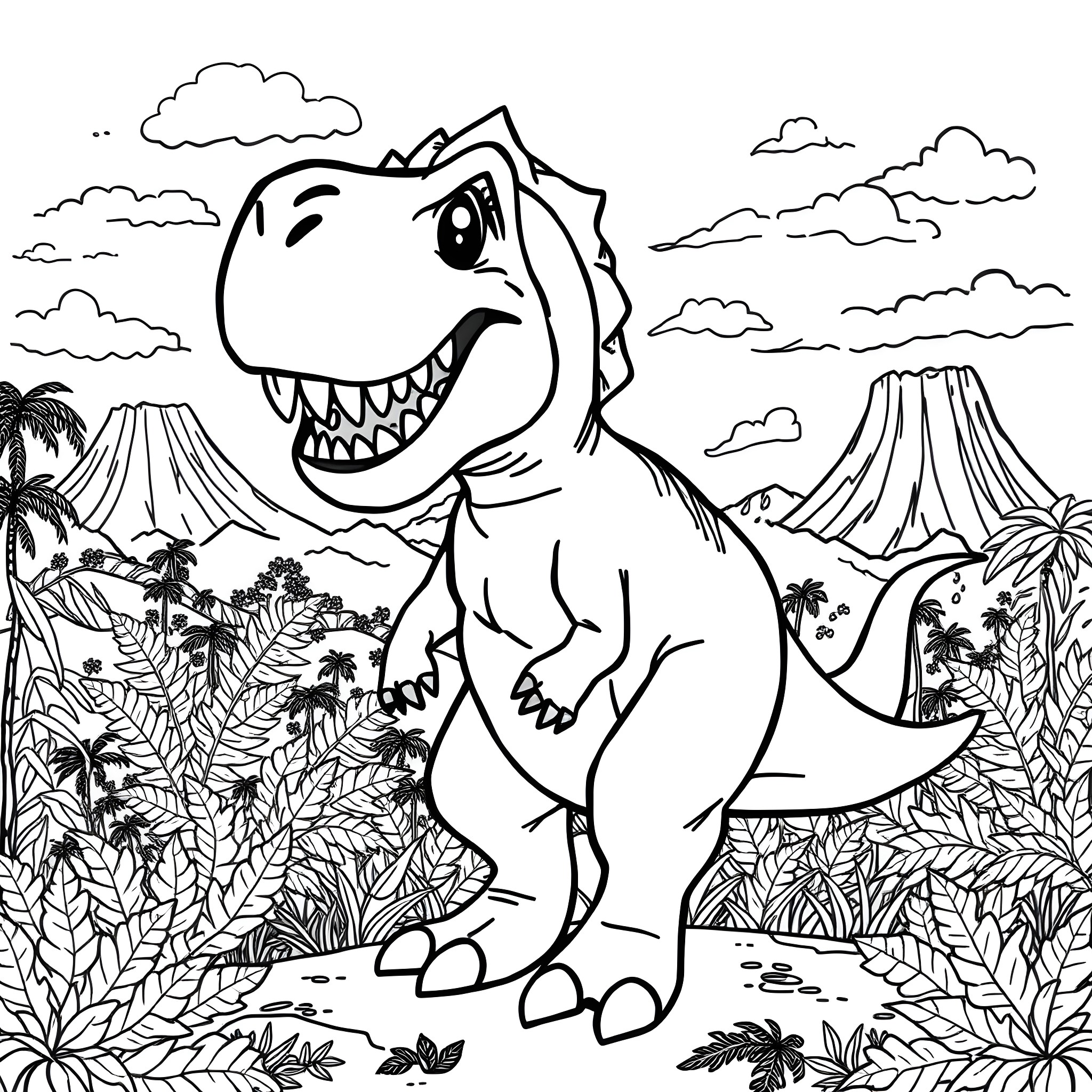 T-Rex stomping through the prehistoric landscape Coloring Page (free black-and-white line drawing printable PDF for all, from beginners to advanced learners, including children, teens, adults, and seniors)