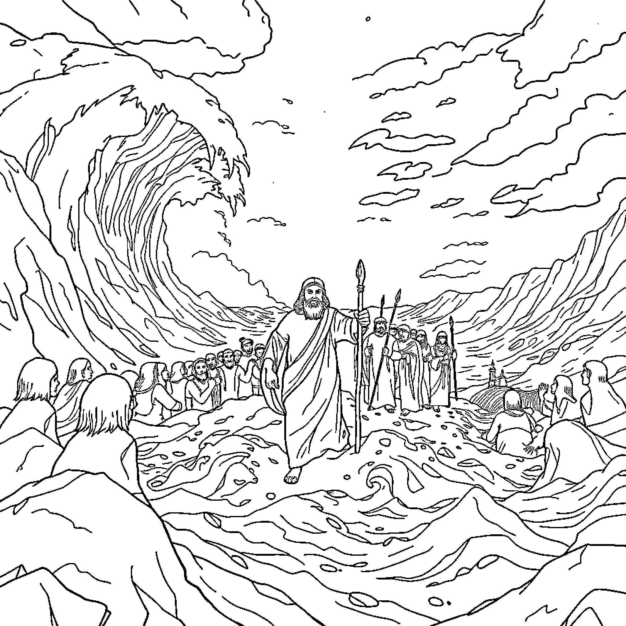 Moses Leading the Israelites through the Parting of the Red Sea Coloring Page (free black-and-white line drawing printable PDF for all, from beginners to advanced learners, including children, teens, adults, and seniors)