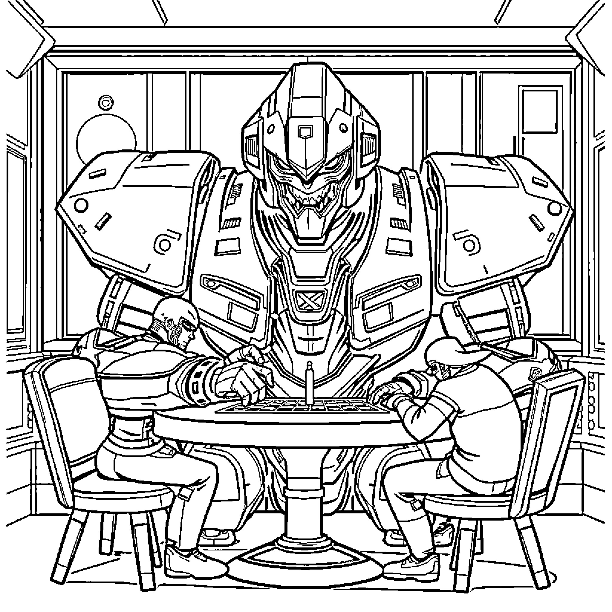 Jaeger operating at command center Coloring Page (free black-and-white line drawing printable PDF for all, from beginners to advanced learners, including children, teens, adults, and seniors)