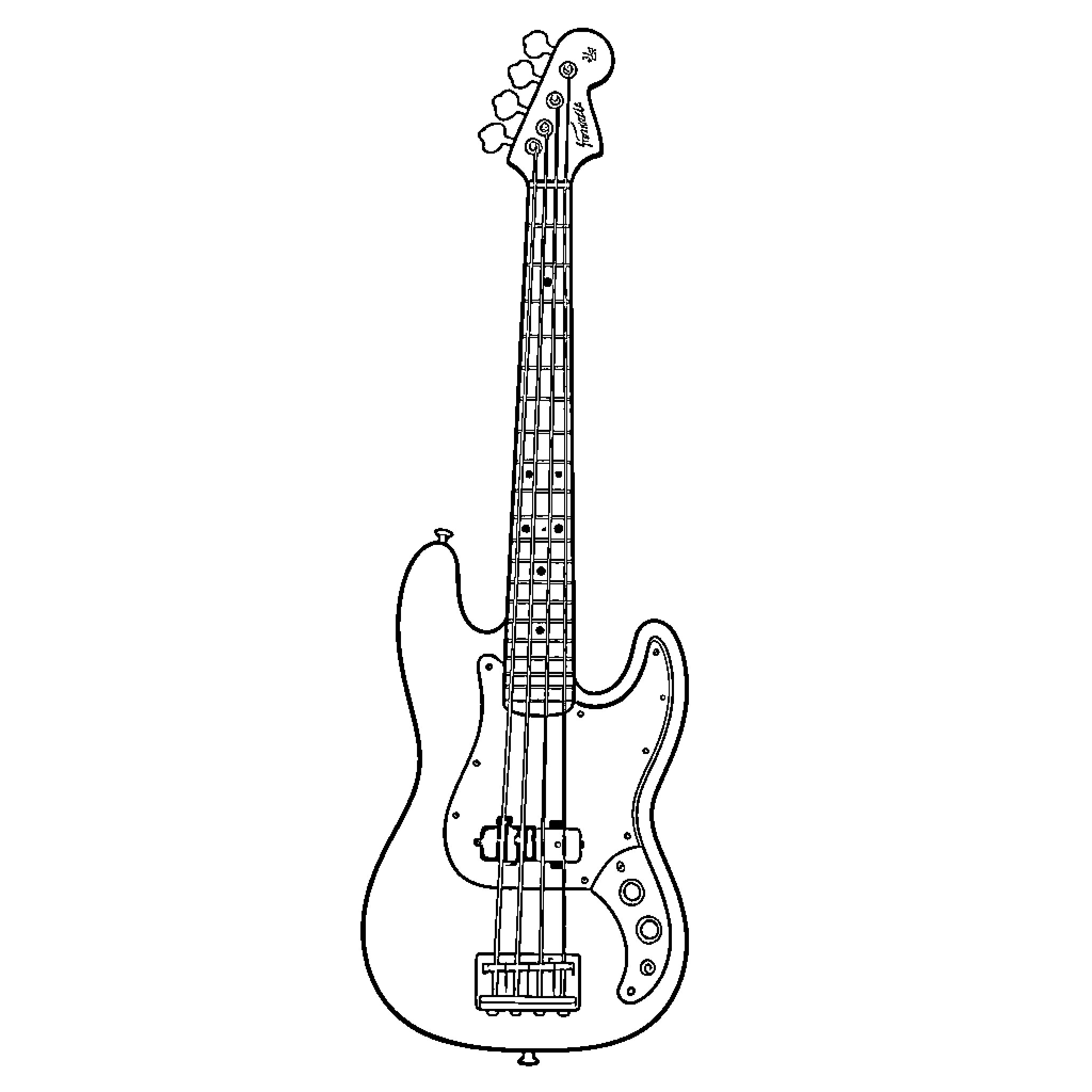Bass Guitar in a simple line drawing Coloring Page (free black-and-white line drawing printable PDF for all, from beginners to advanced learners, including children, teens, adults, and seniors)