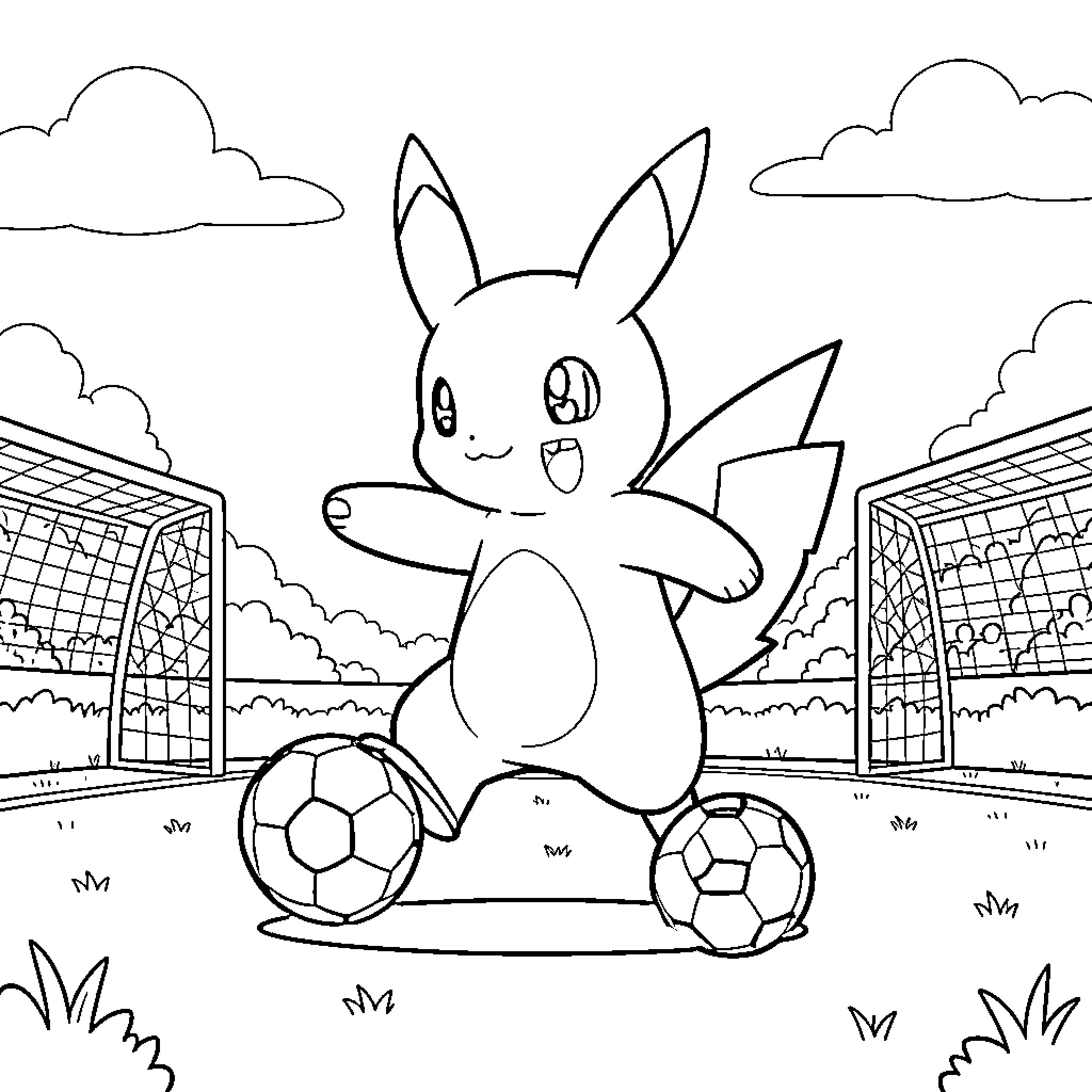 Pokémon playing soccer between two goals Coloring Page (free black-and-white line drawing printable PDF for all, from beginners to advanced learners, including children, teens, adults, and seniors)