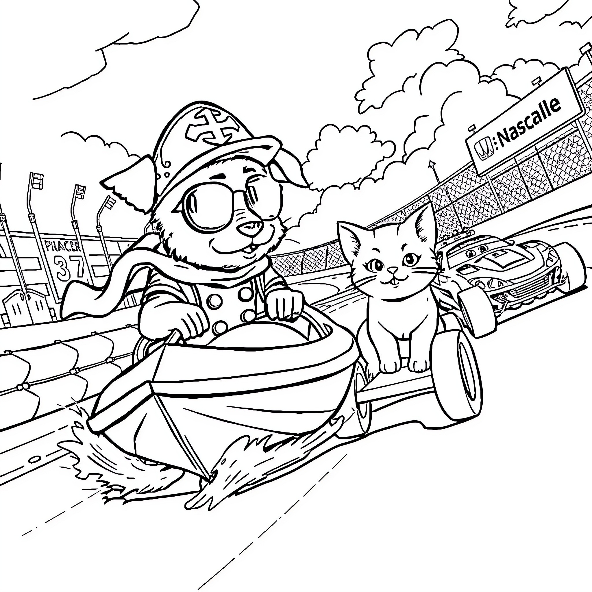 Perro firefighter rescuing curious kitten from truck Coloring Page (free black-and-white line drawing printable PDF for all, from beginners to advanced learners, including children, teens, adults, and seniors)
